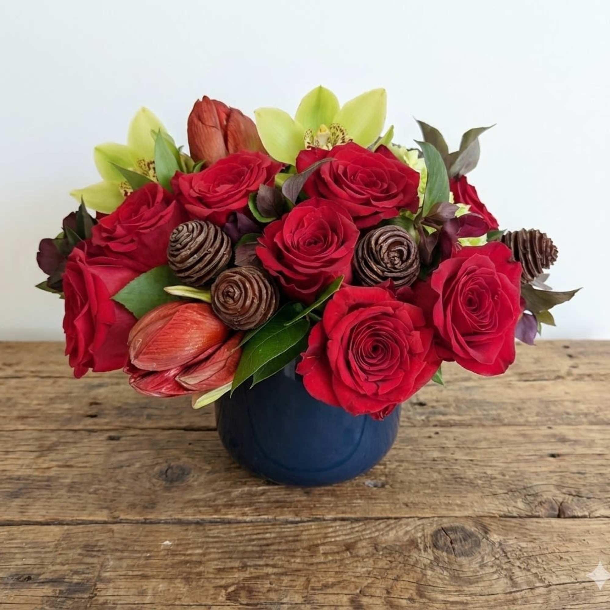 This arrangement is presented in a 6&quot; navy glass vase. It features