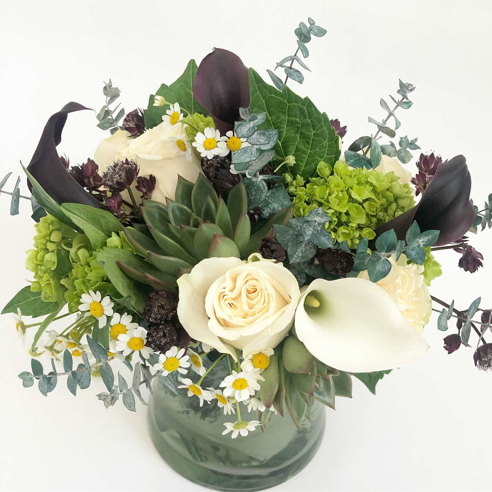 This arrangement features succulents, calla lily, white roses and lush greens. 