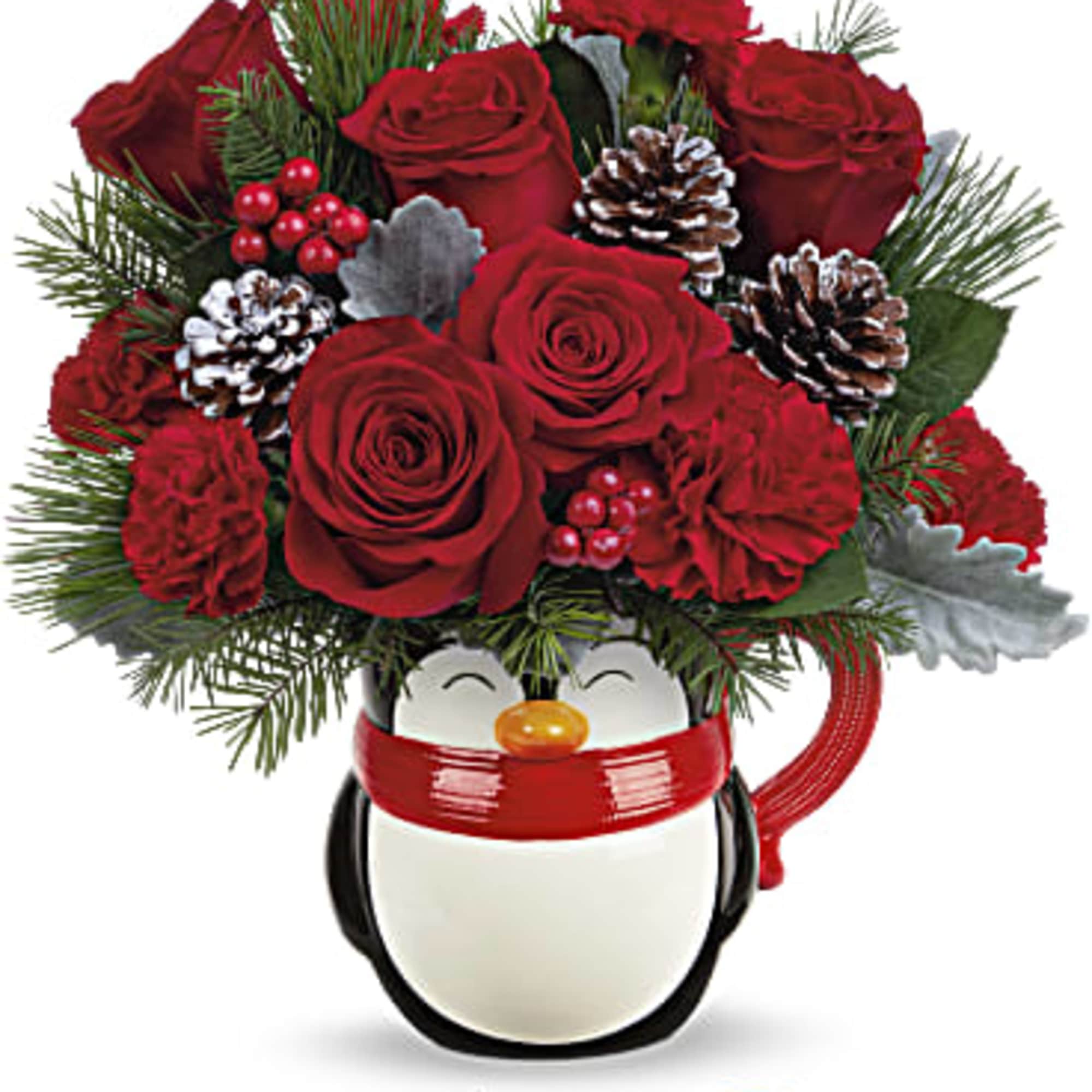 Bursting with Christmas blooms, this perky penguin is delighted to deliver your