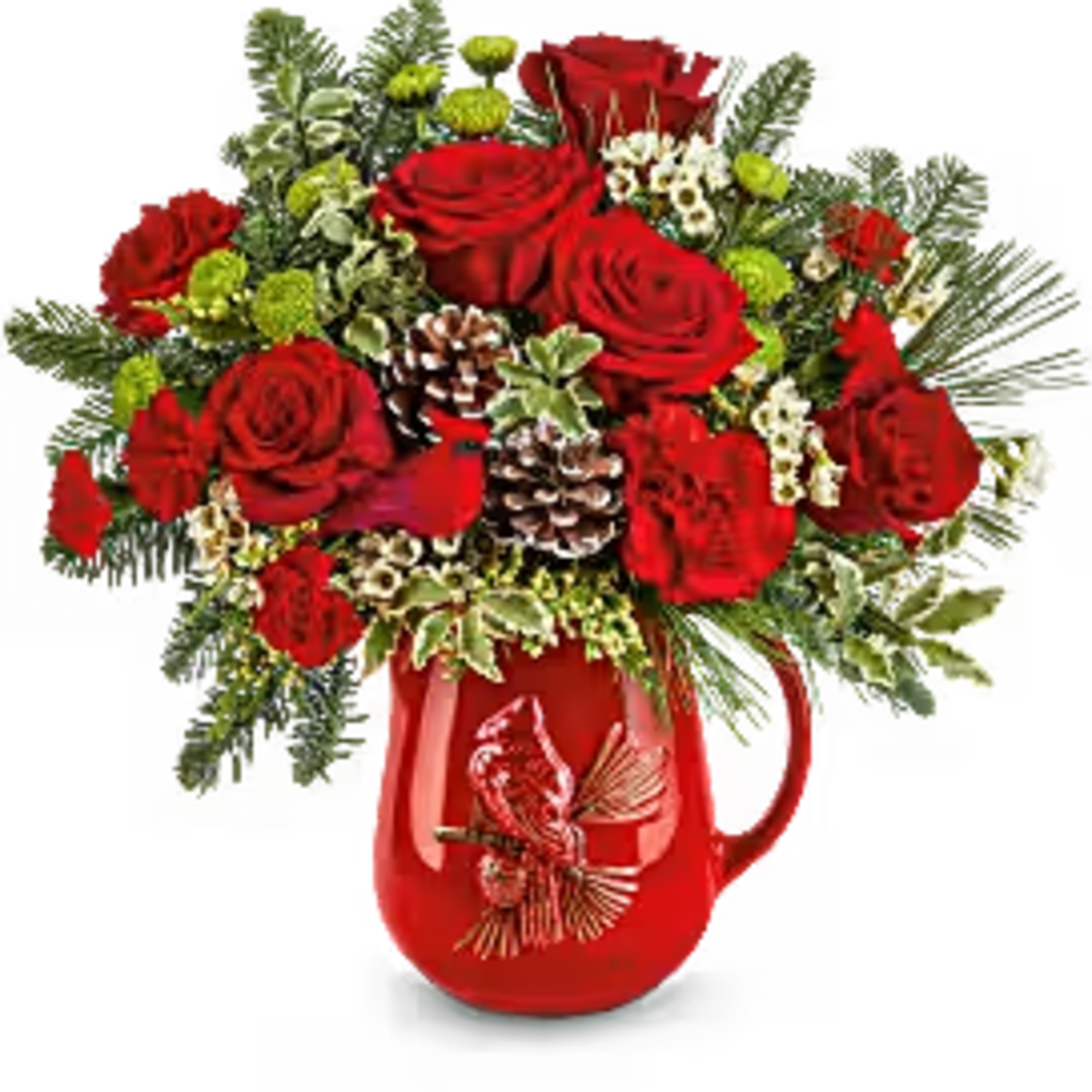 Festive Flight Bouquet spreads holiday cheer with red blooms, winter greens, and