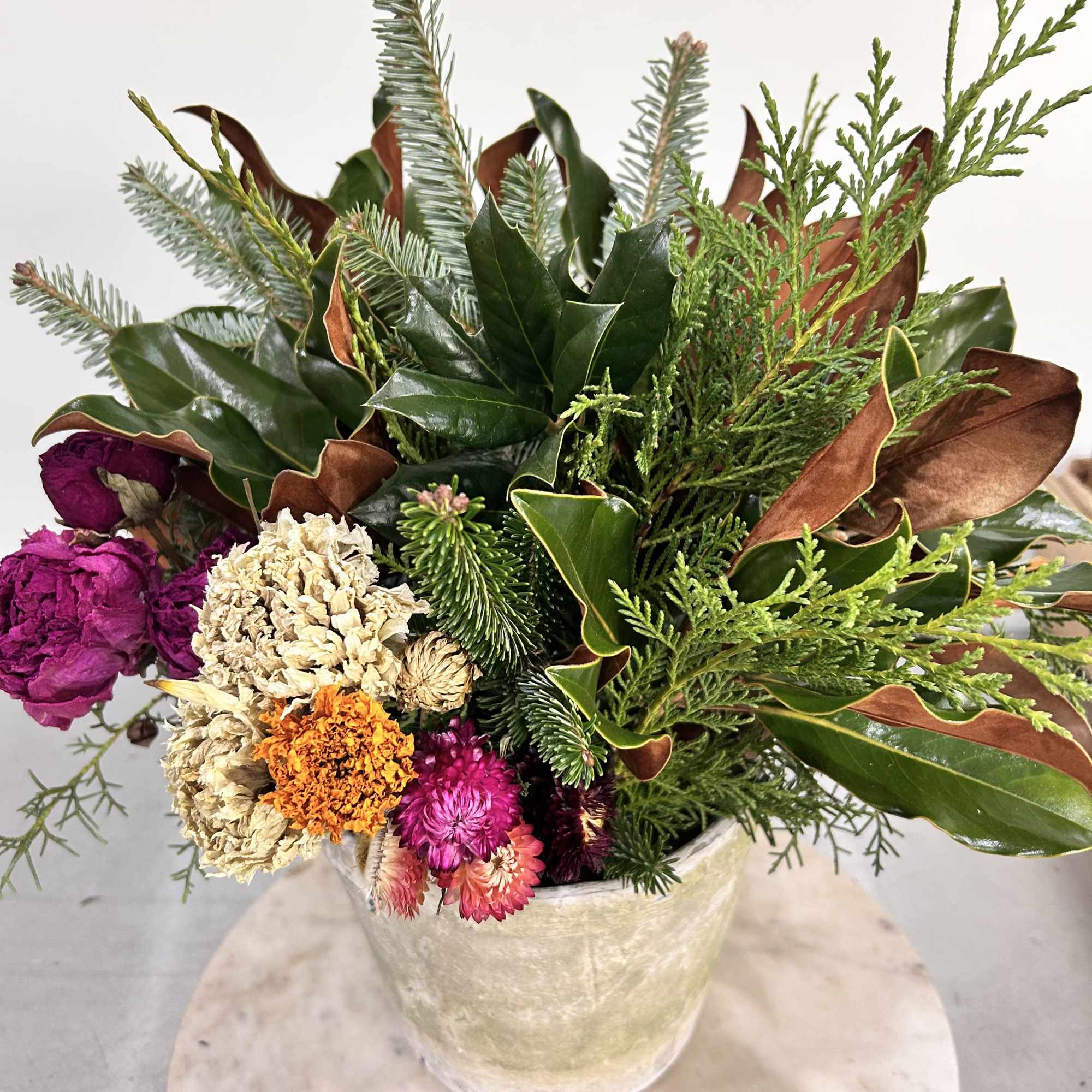 Highlighting our farm greens - a hand tied bouquet. Add fresh or