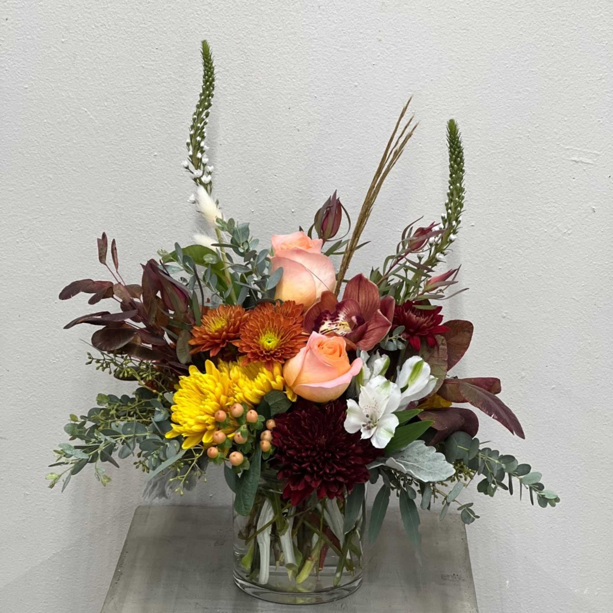 Beautiful autumn assortment of peach, bronze, rust, burgundy white and soft sage