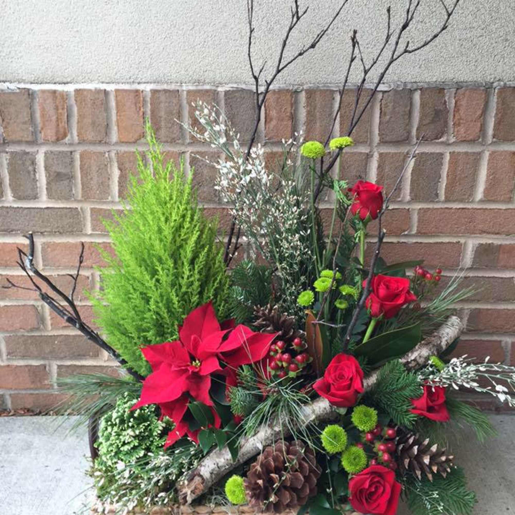 A metal dish or basket holds a combination of green and blooming