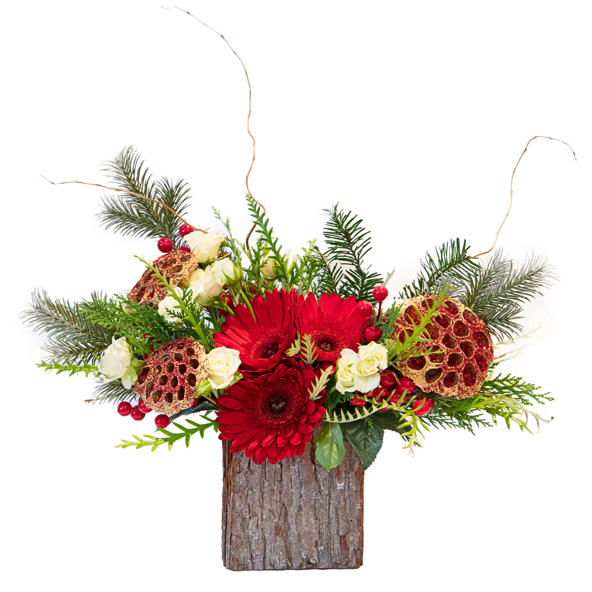 Whimsical touches of golden lotus pods, glistening glitter, wintery white spray roses