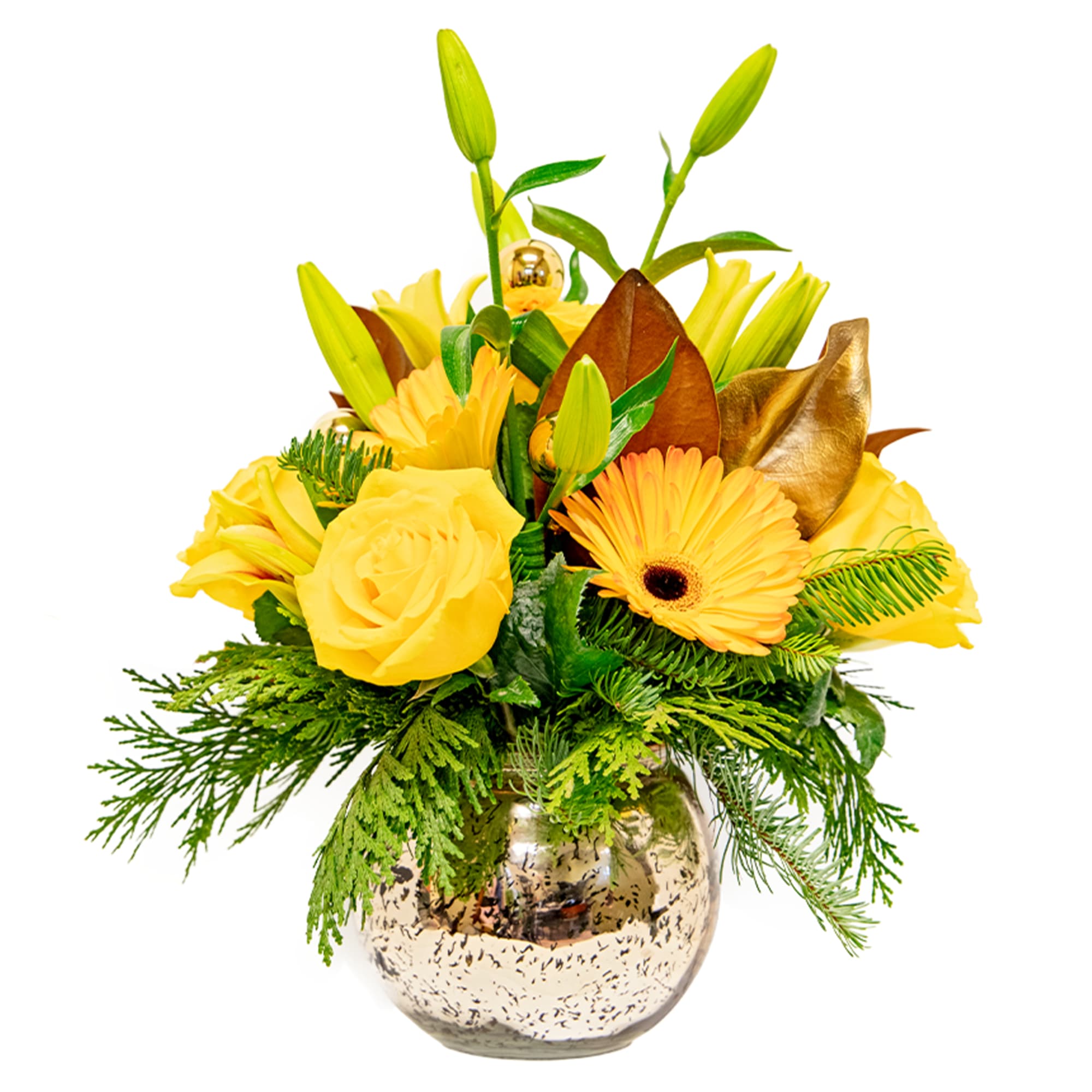 Illuminate the season with this radiant floral spectacle. Dazzling yellows, golds and