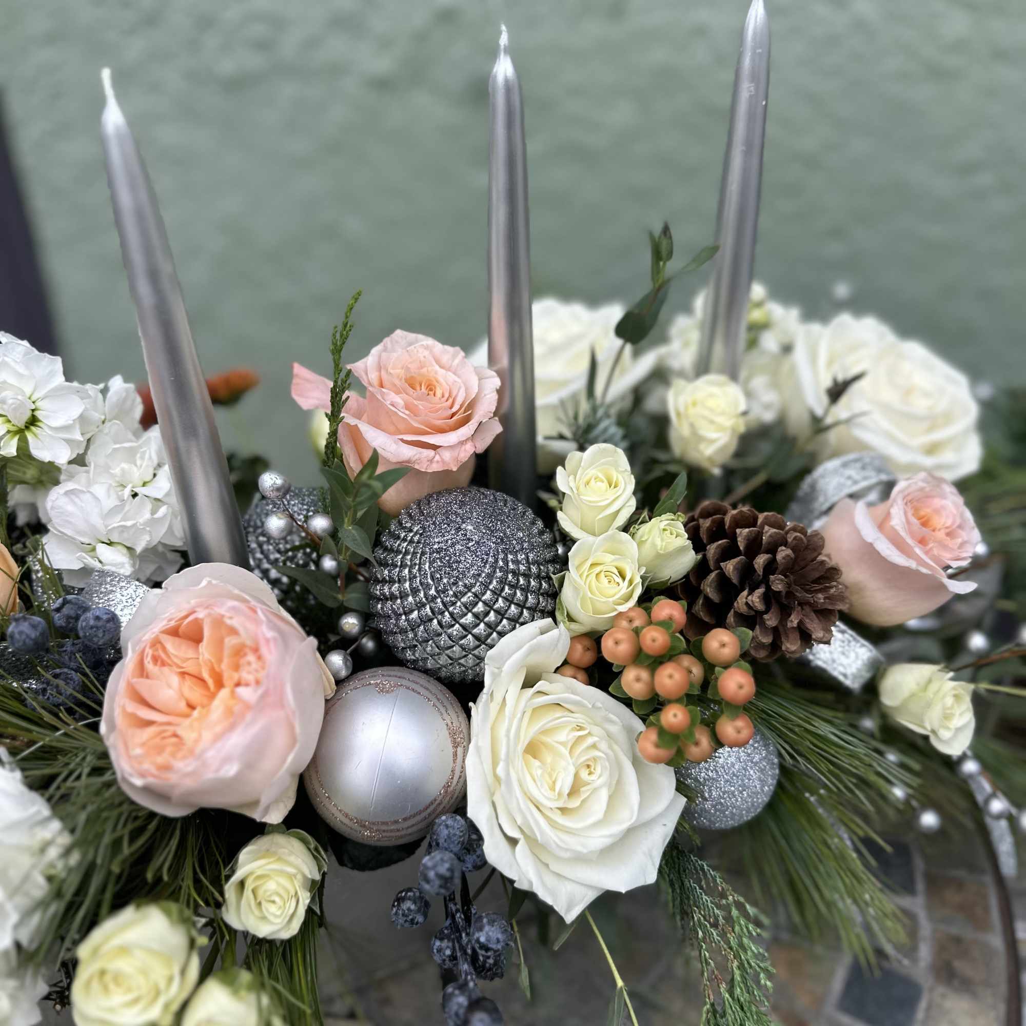 Beautiful and romantic centerpiece for holiday table, or even anniversary, in silver