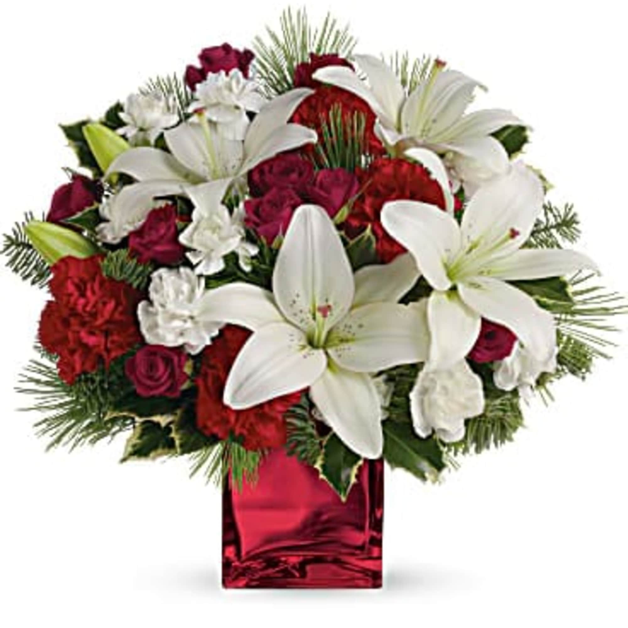 This festive holiday bouquet includes red roses and white la hybrid lilies