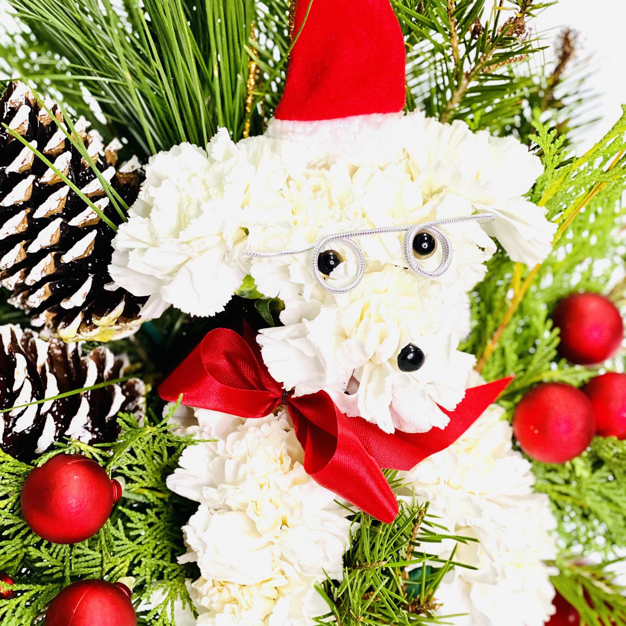 This adorable dog made out of white carnations wearing a red Santa