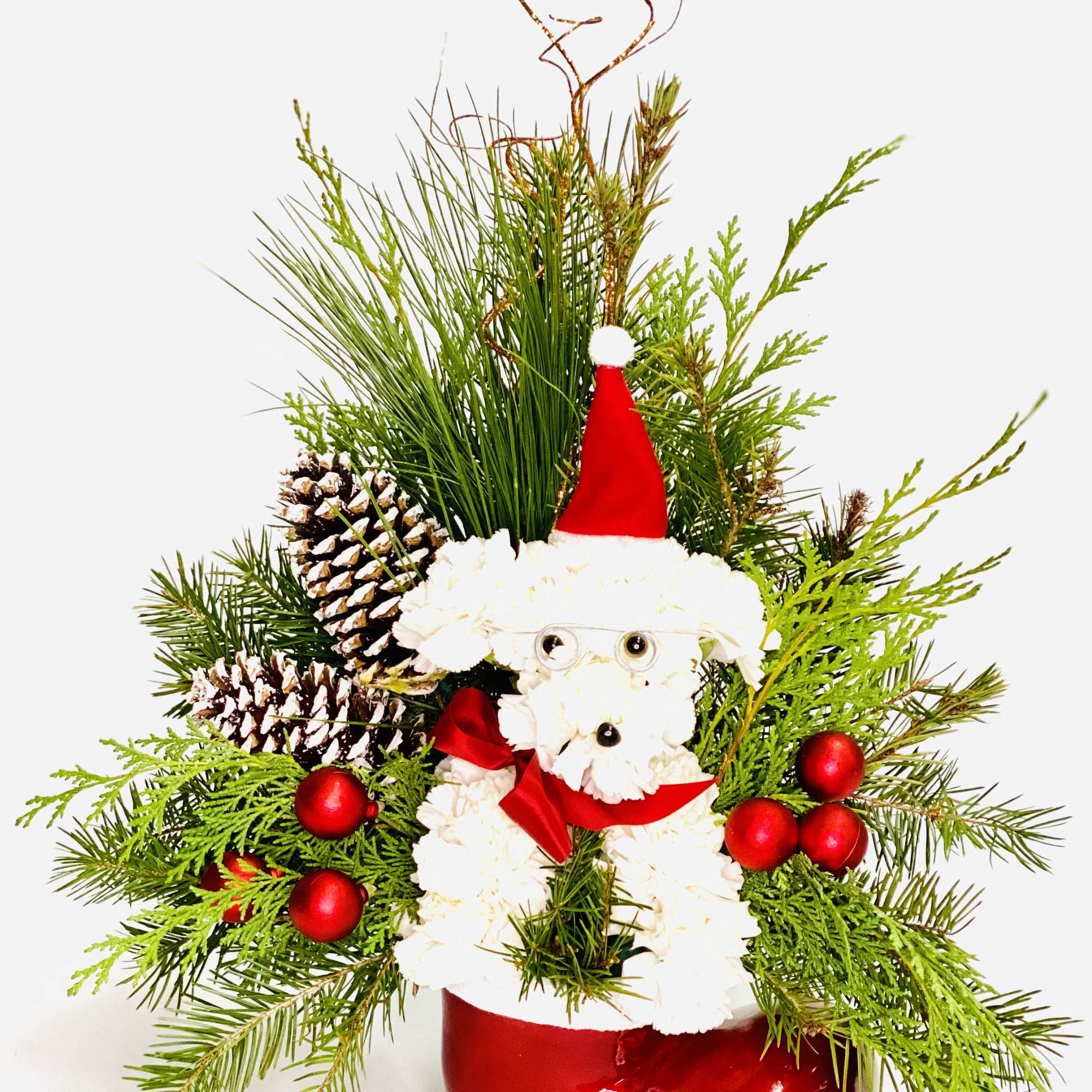 This adorable dog made out of white carnations wearing a red Santa
