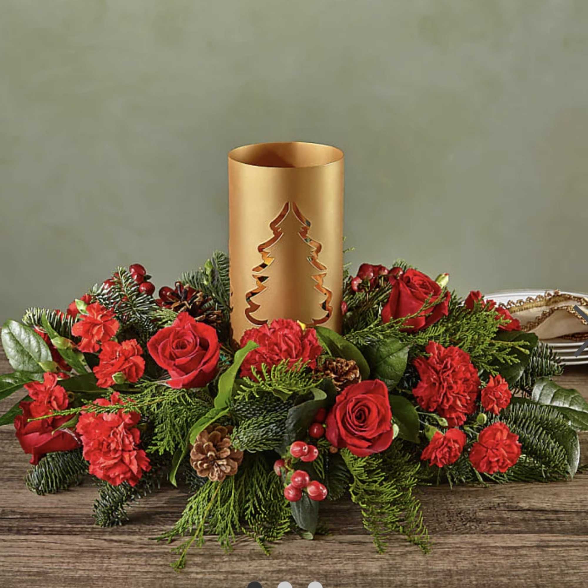 Add blustery cheer to any holiday table with this coniferous centerpiece studded