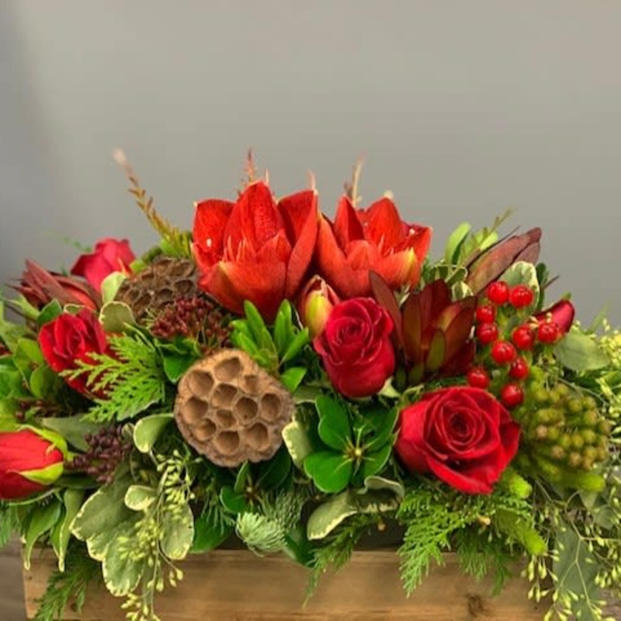 Red amaryllis and red roses accented with winter greens 