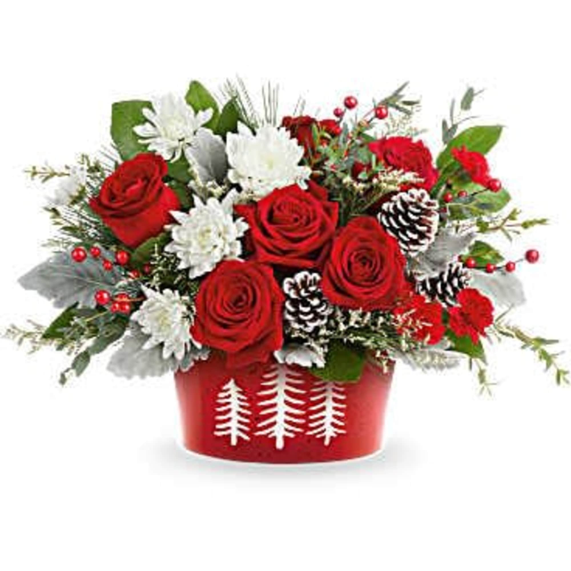 Snowy Pines Centerpiece captures the beauty of the holidays with red roses