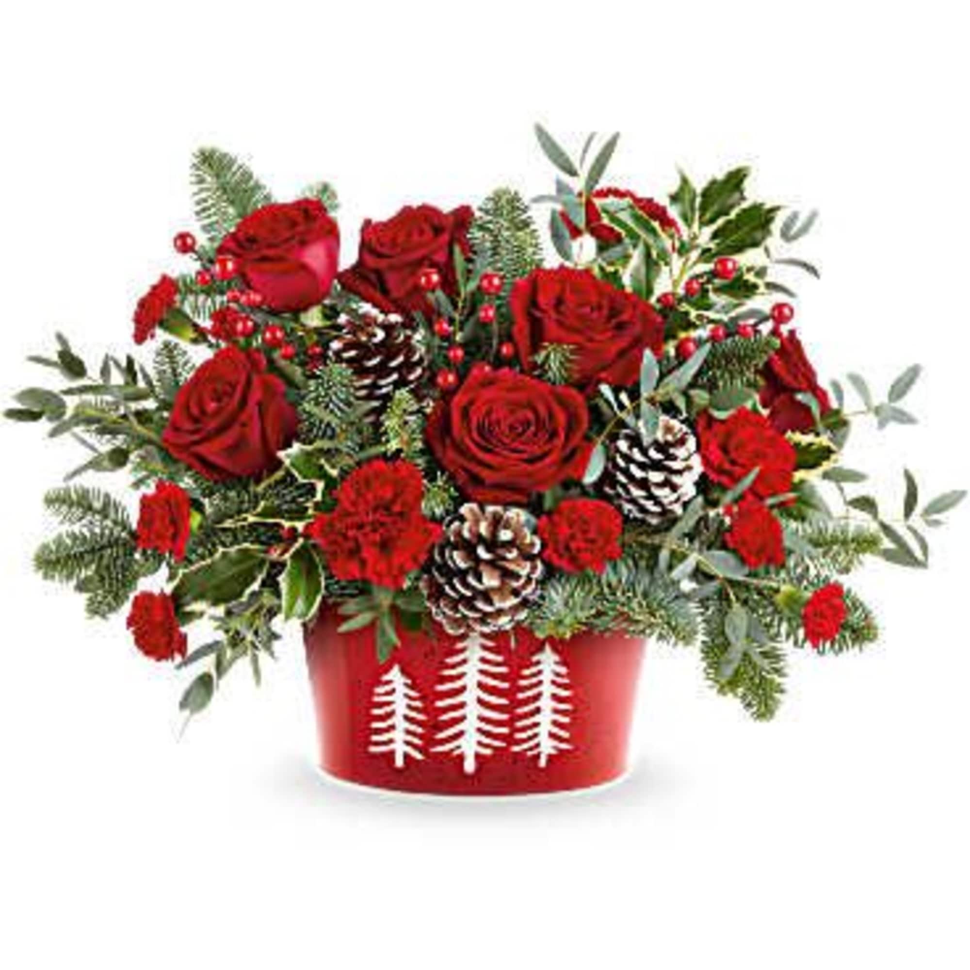 Winter Whimsy Centerpiece captures the magic of the holidays with red roses
