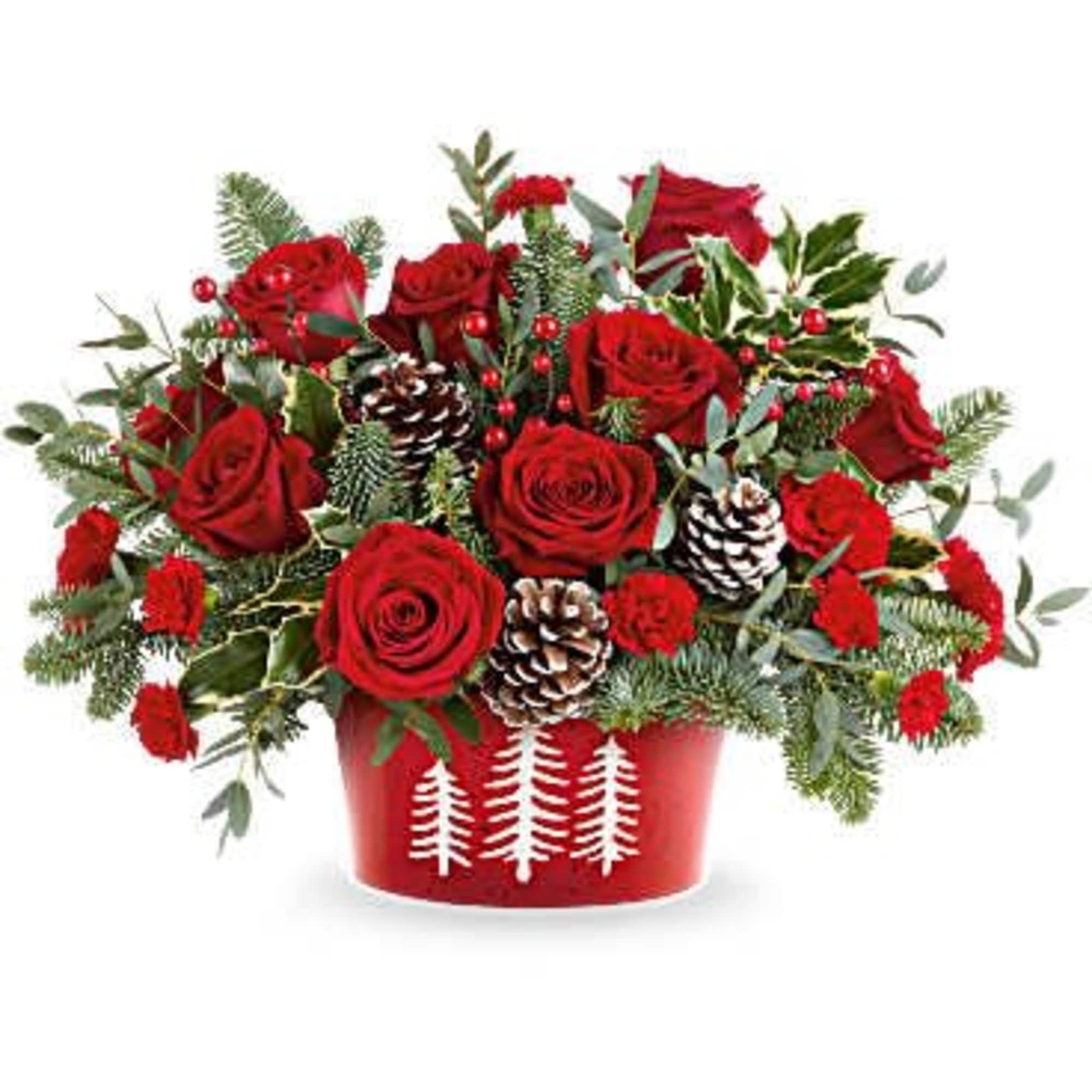 Winter Whimsy Centerpiece captures the magic of the holidays with red roses
