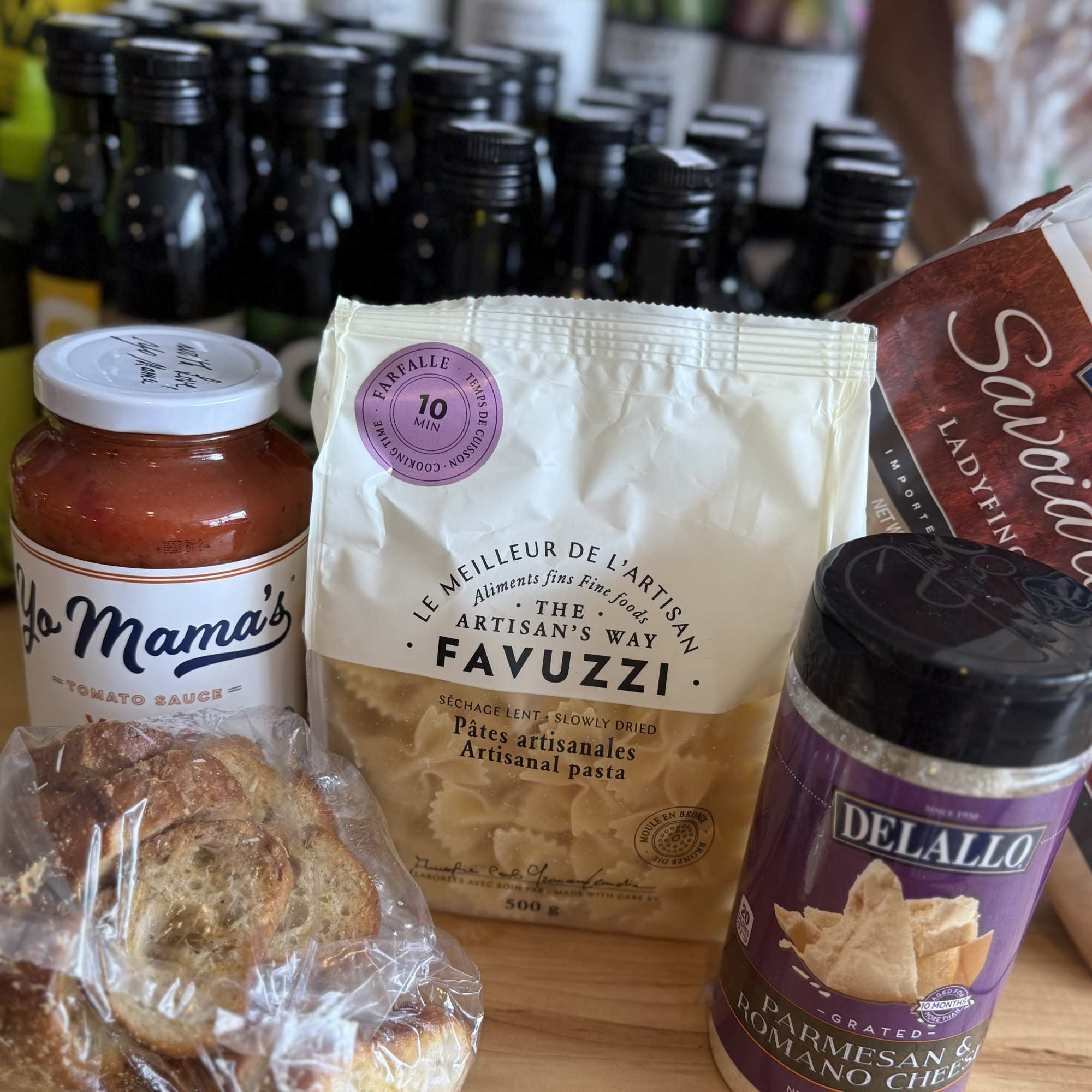 We hand select an assortment of classic items, such as pasta, sauce