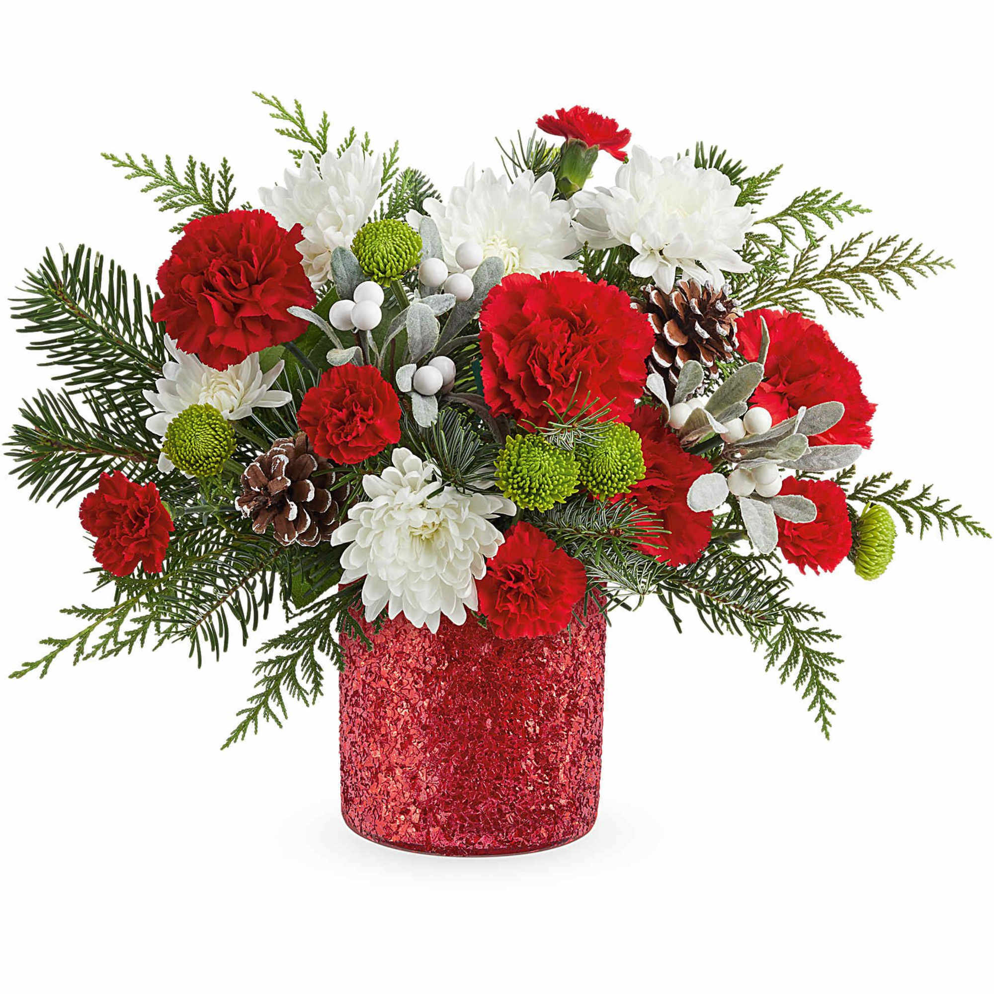 Teleflora&#039;s Christmas Magic Bouquet sparkles with red and green blooms, festive evergreens