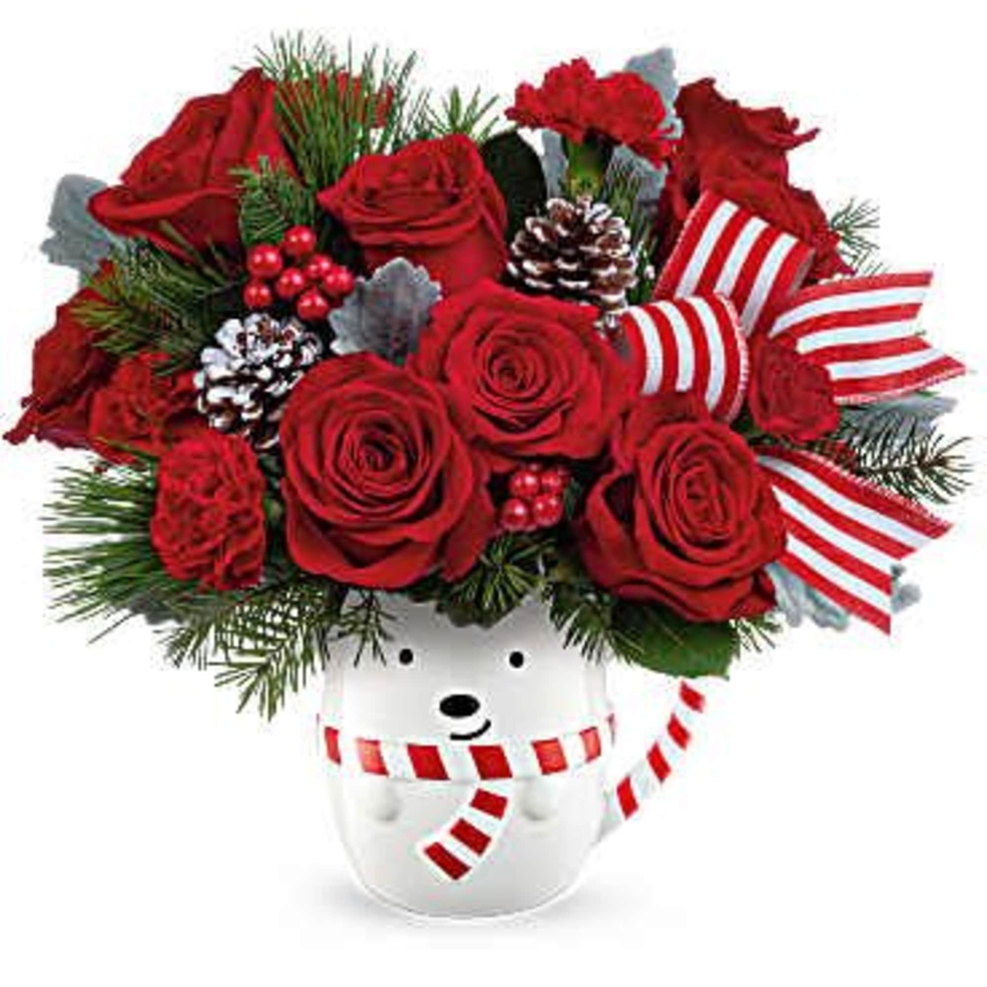 Send cozy Christmas cheer with the Beary Wish Bouquet! Festive red blooms