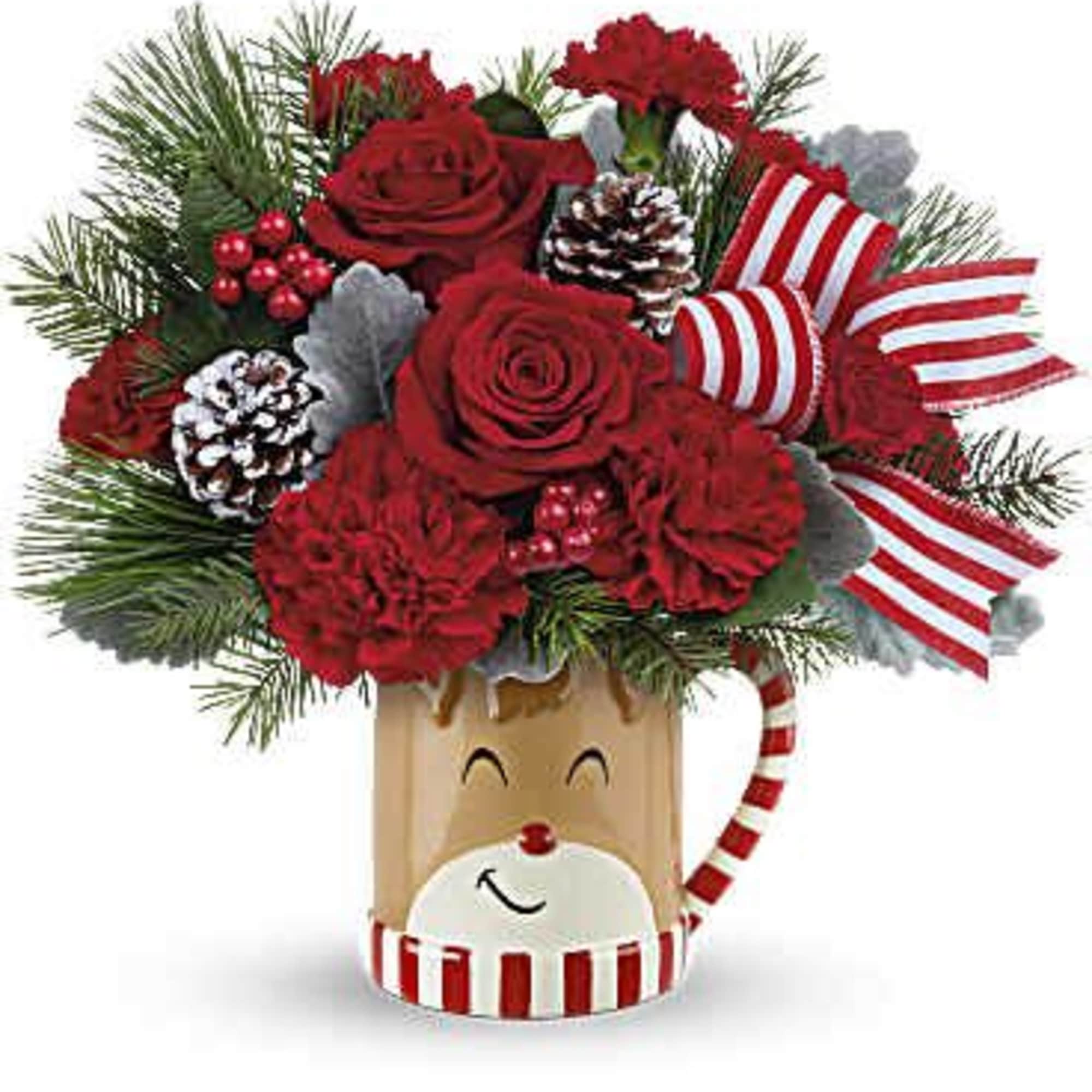 Overflowing with festive blooms, this adorable reindeer delivers your holiday wishes! The
