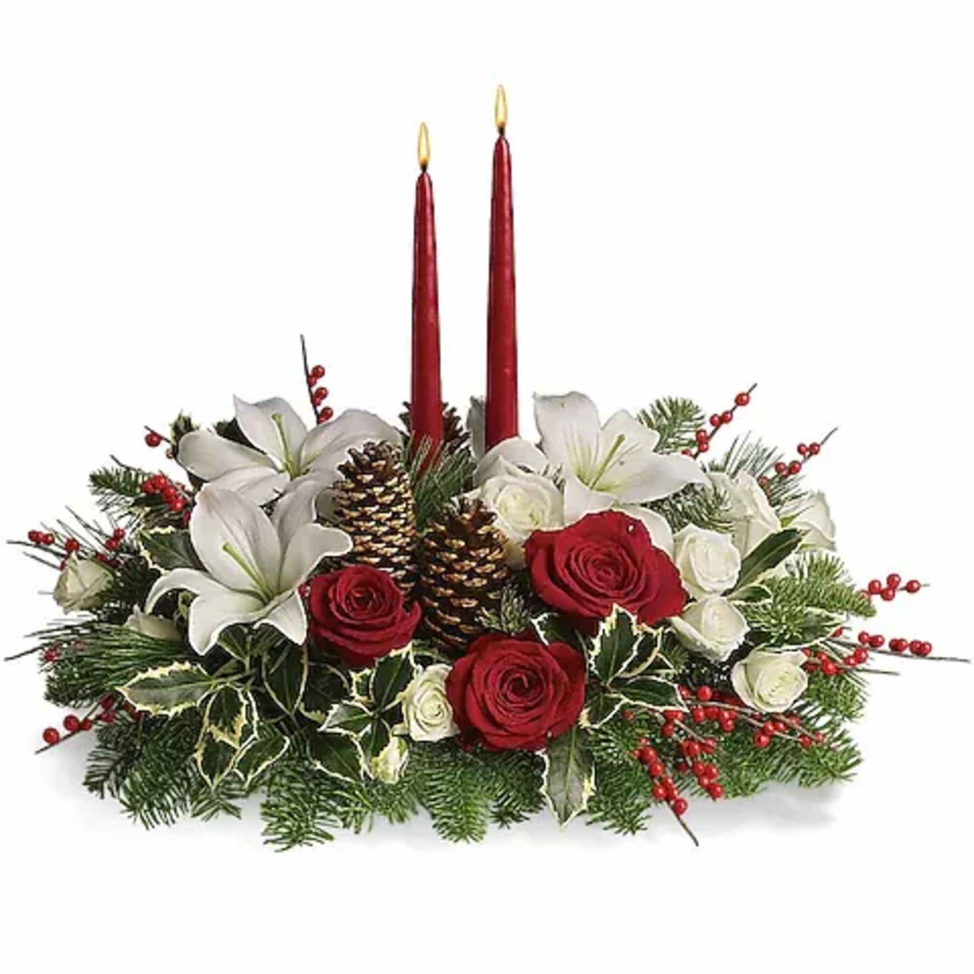 Stunning red and white roses, white spray roses and chrysanthemums plus all