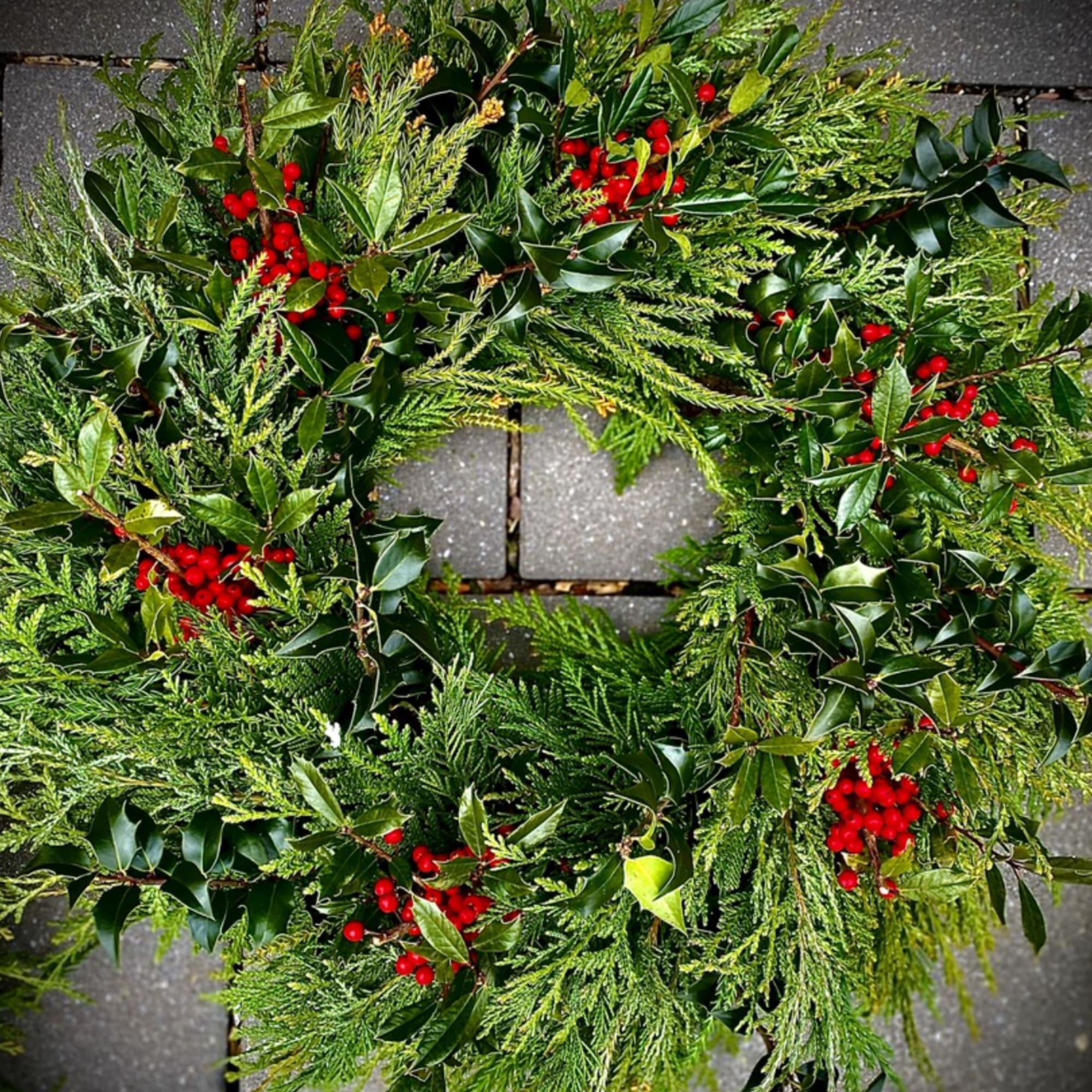 This lush holiday 25-inch wreath showcases a stunning mix of seasonal greens&mdash;cedar