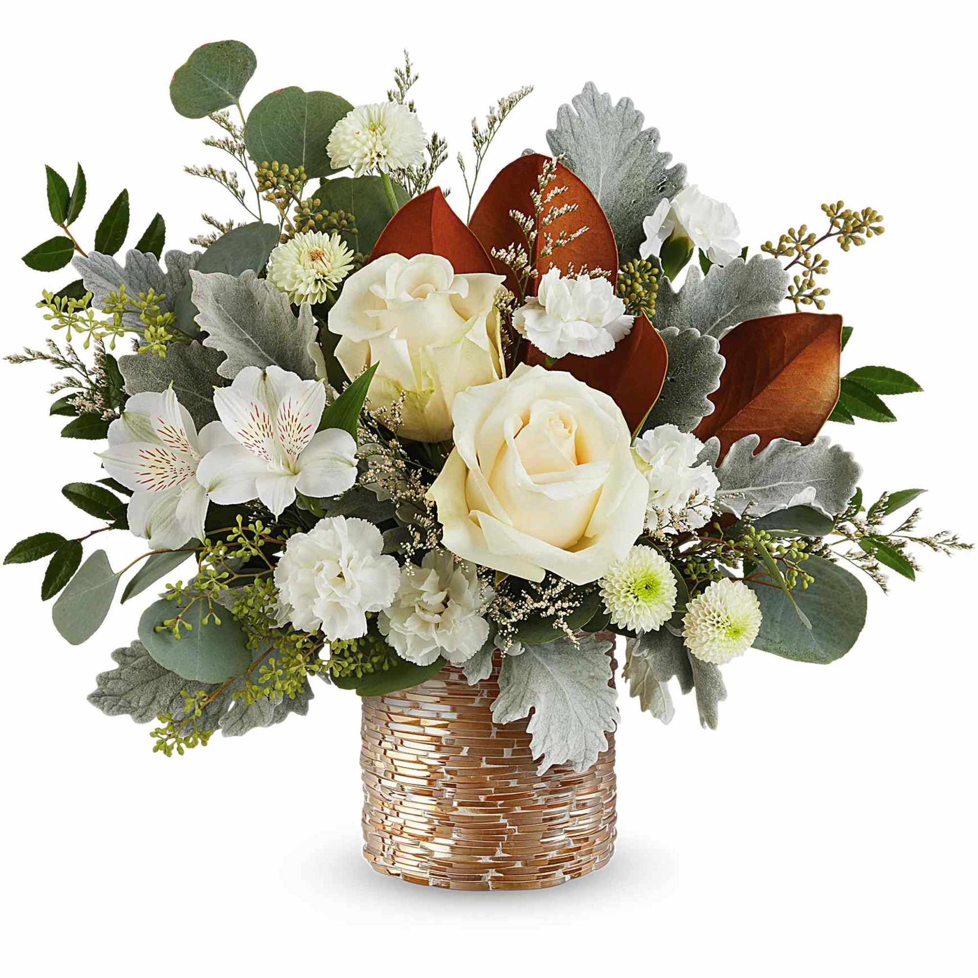 Teleflora&#039;s Golden Mod Bouquet shines with cr&egrave;me roses, white alstroemeria, and carnations