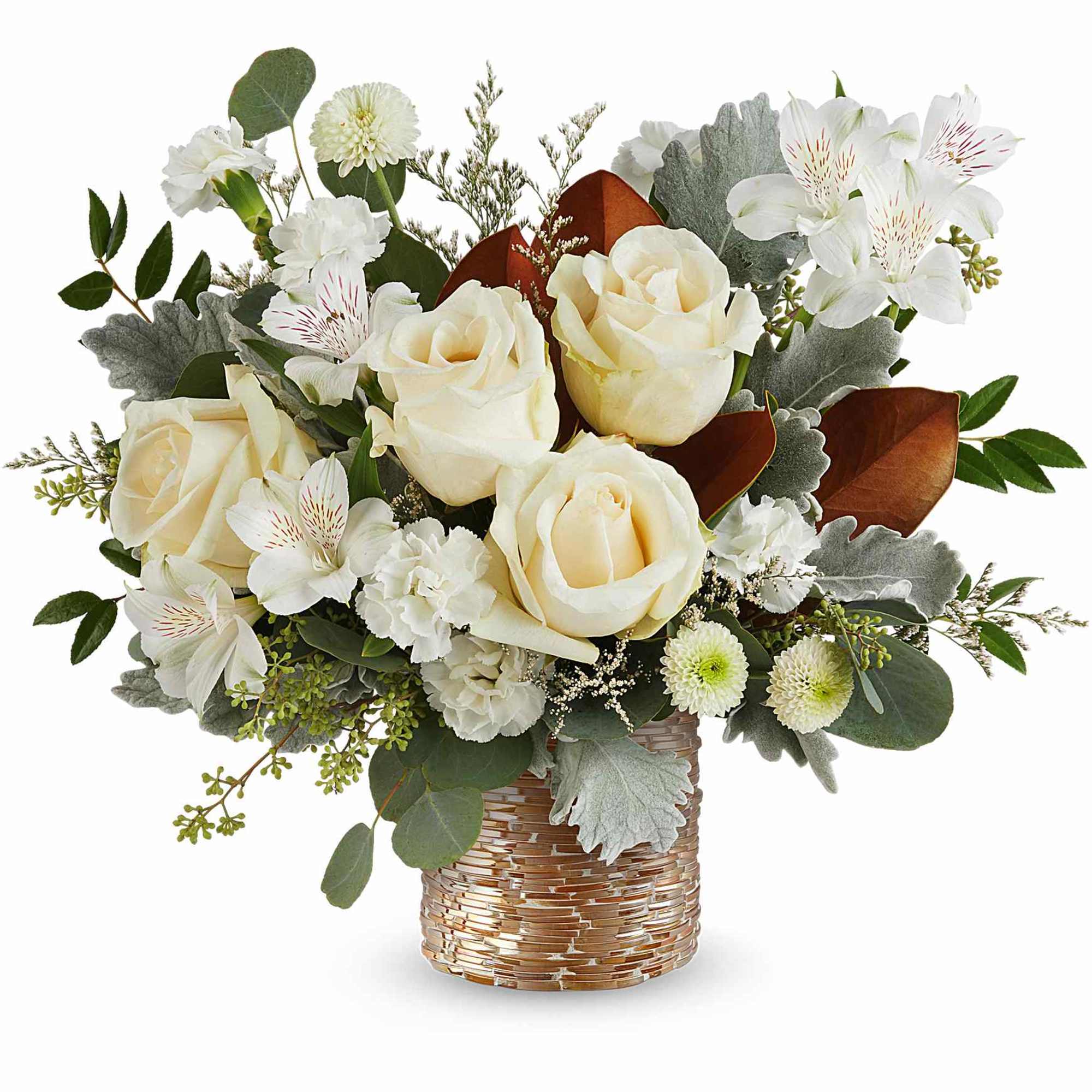 Teleflora&#039;s Golden Mod Bouquet shines with cr&egrave;me roses, white alstroemeria, and carnations