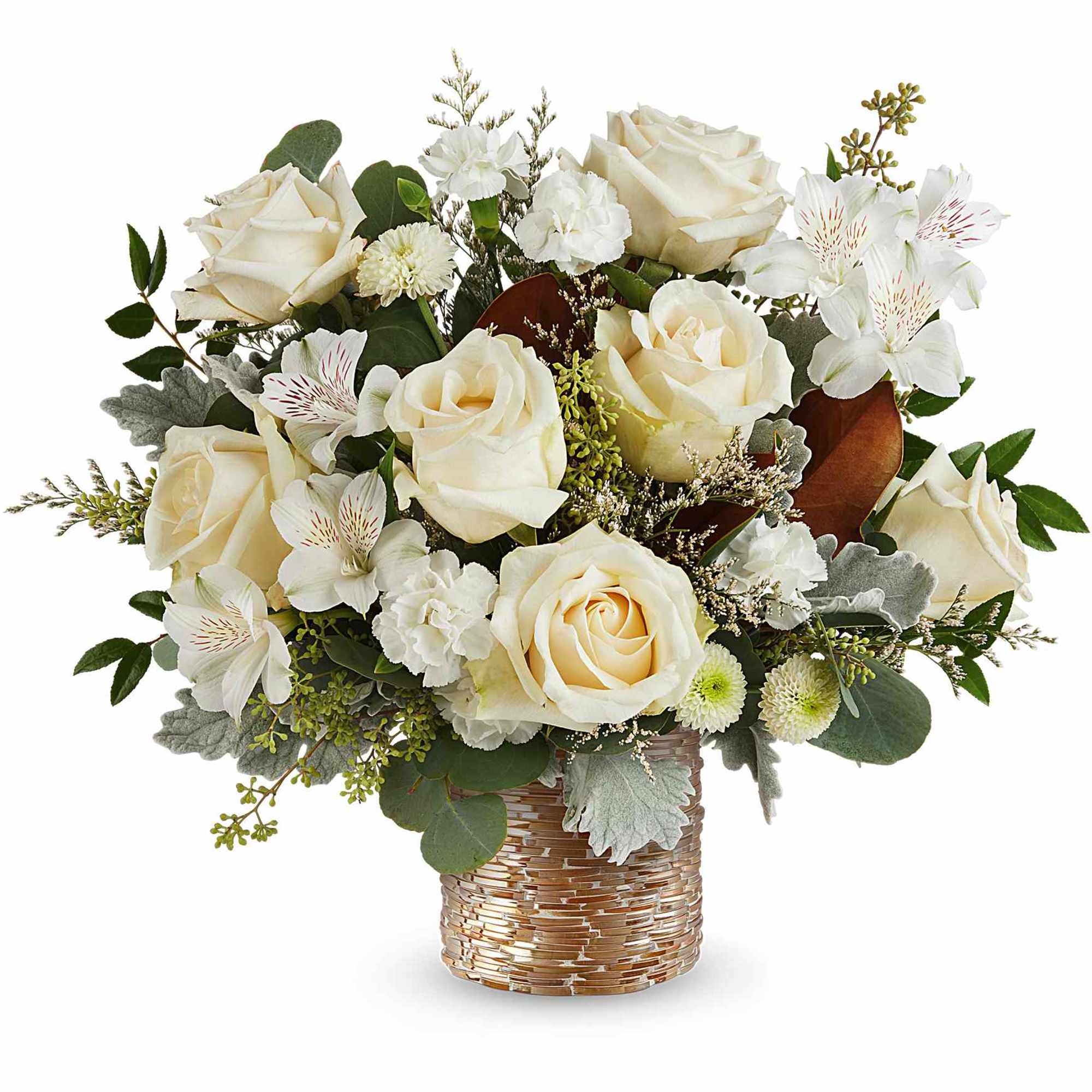 Teleflora&#039;s Golden Mod Bouquet shines with cr&egrave;me roses, white alstroemeria, and carnations