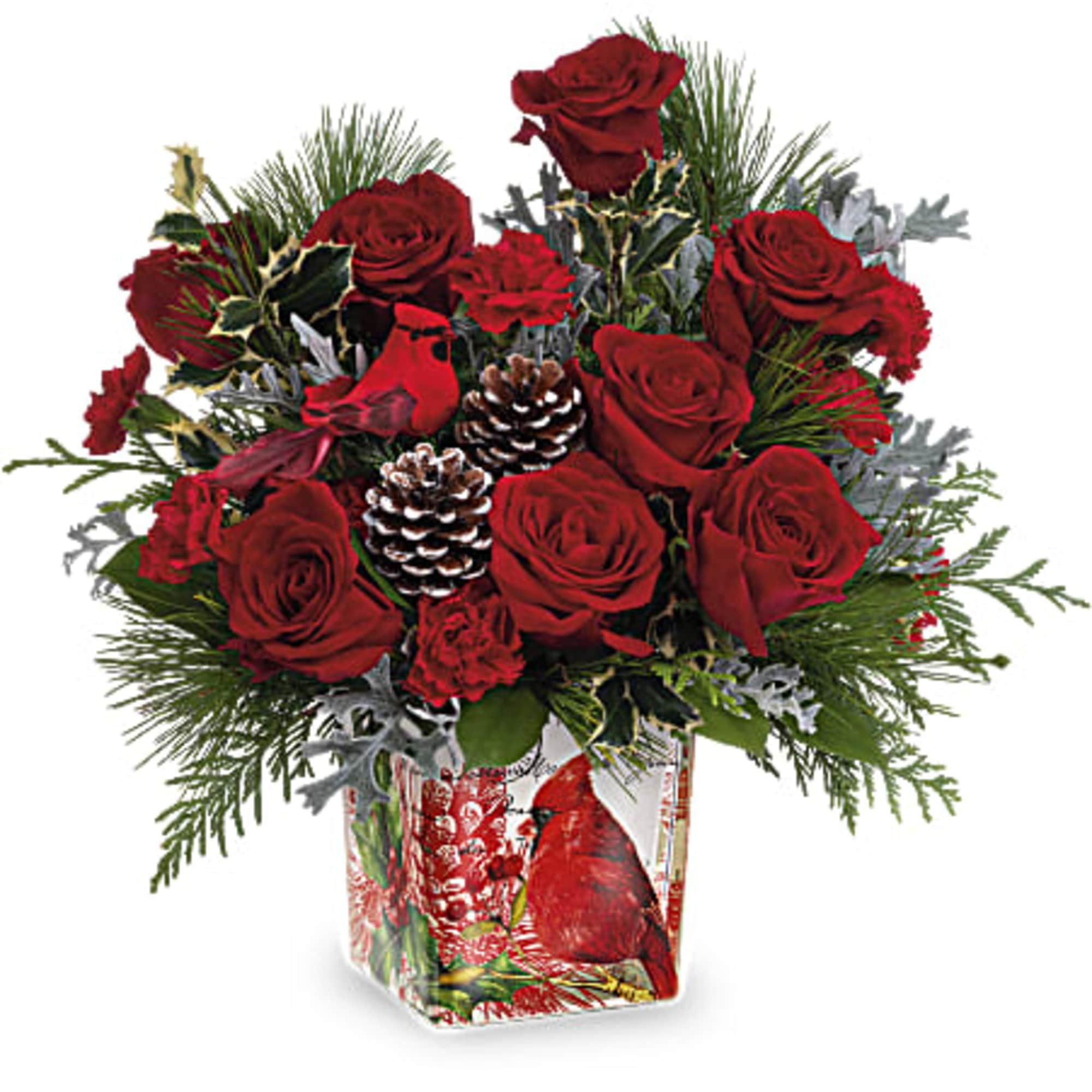 Paint a magical holiday scene with this classic Christmas bouquet, arranged in