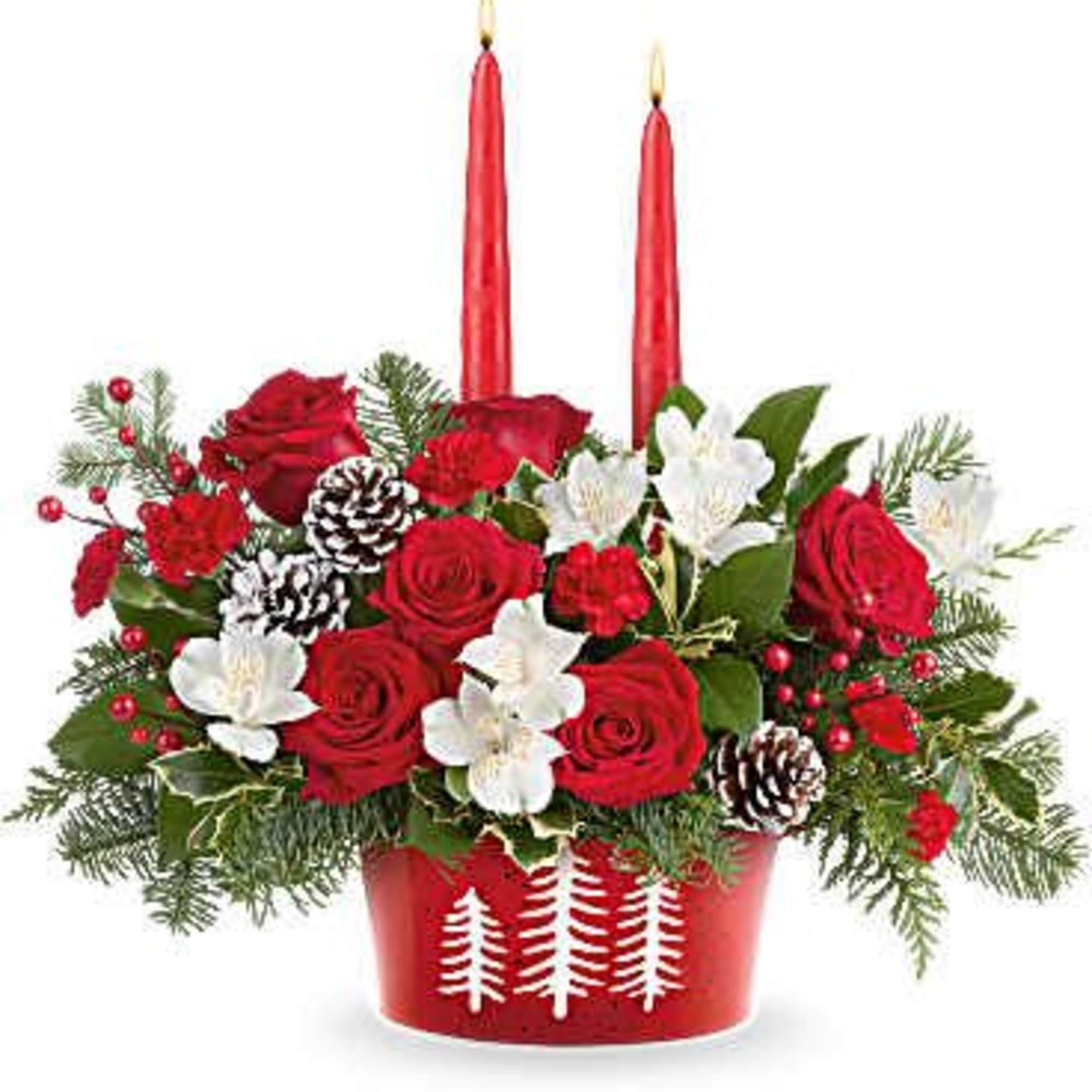 Glow up your holiday table with Teleflora&#039;s Evergreen Charm Centerpiece. Red roses