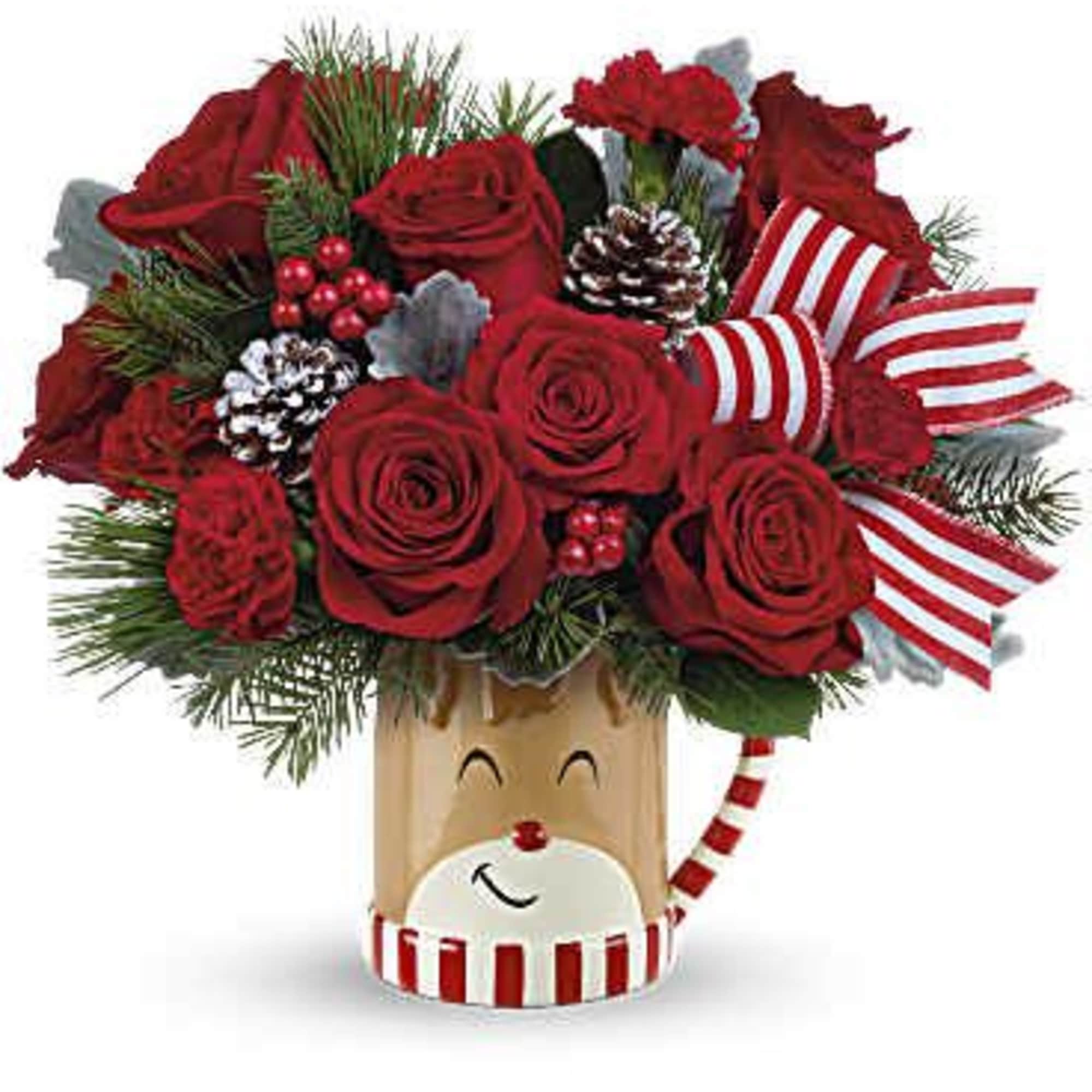 Overflowing with festive blooms, this adorable reindeer delivers your holiday wishes! The