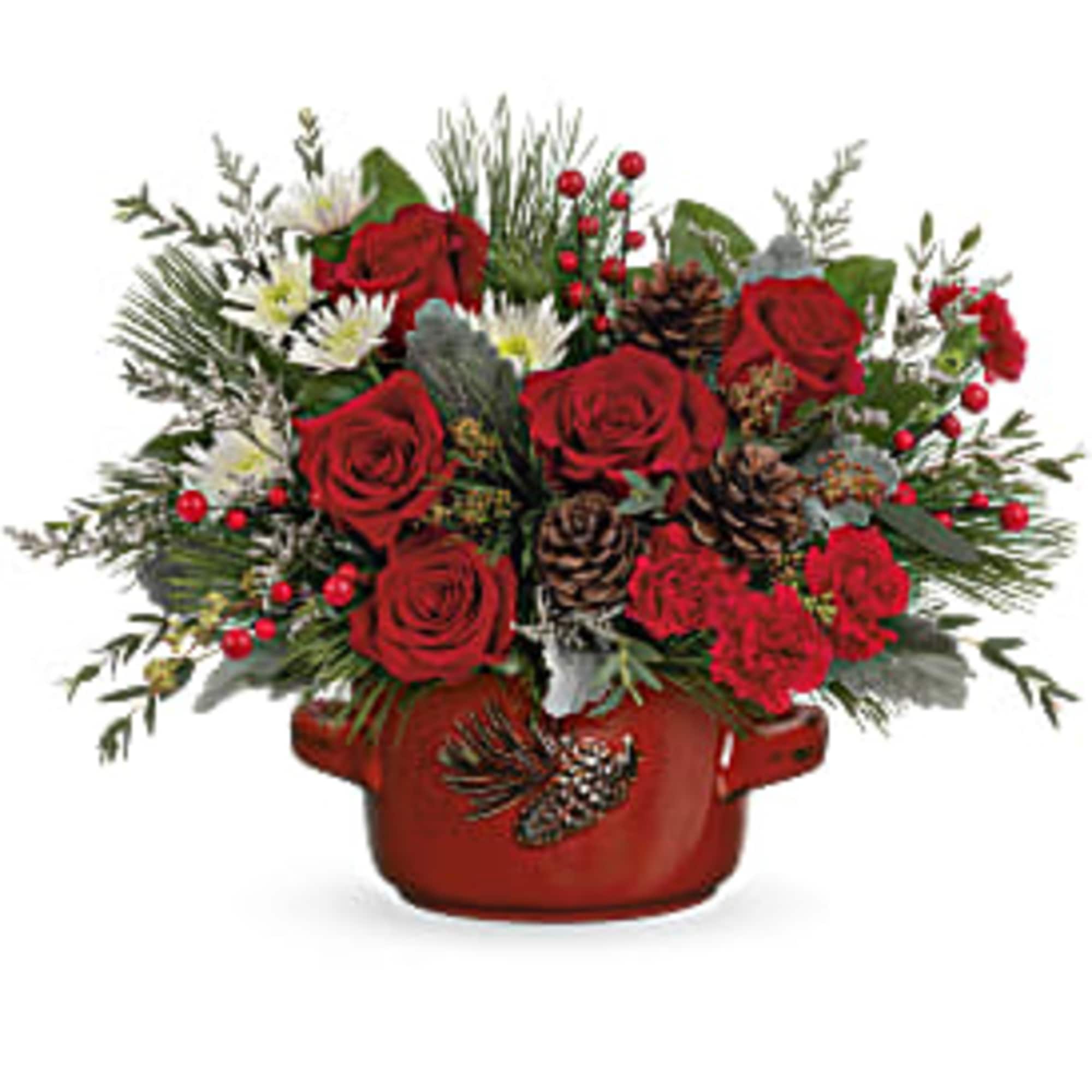 Serve up holiday cheer with a festive Christmas rose bouquet, bursting from