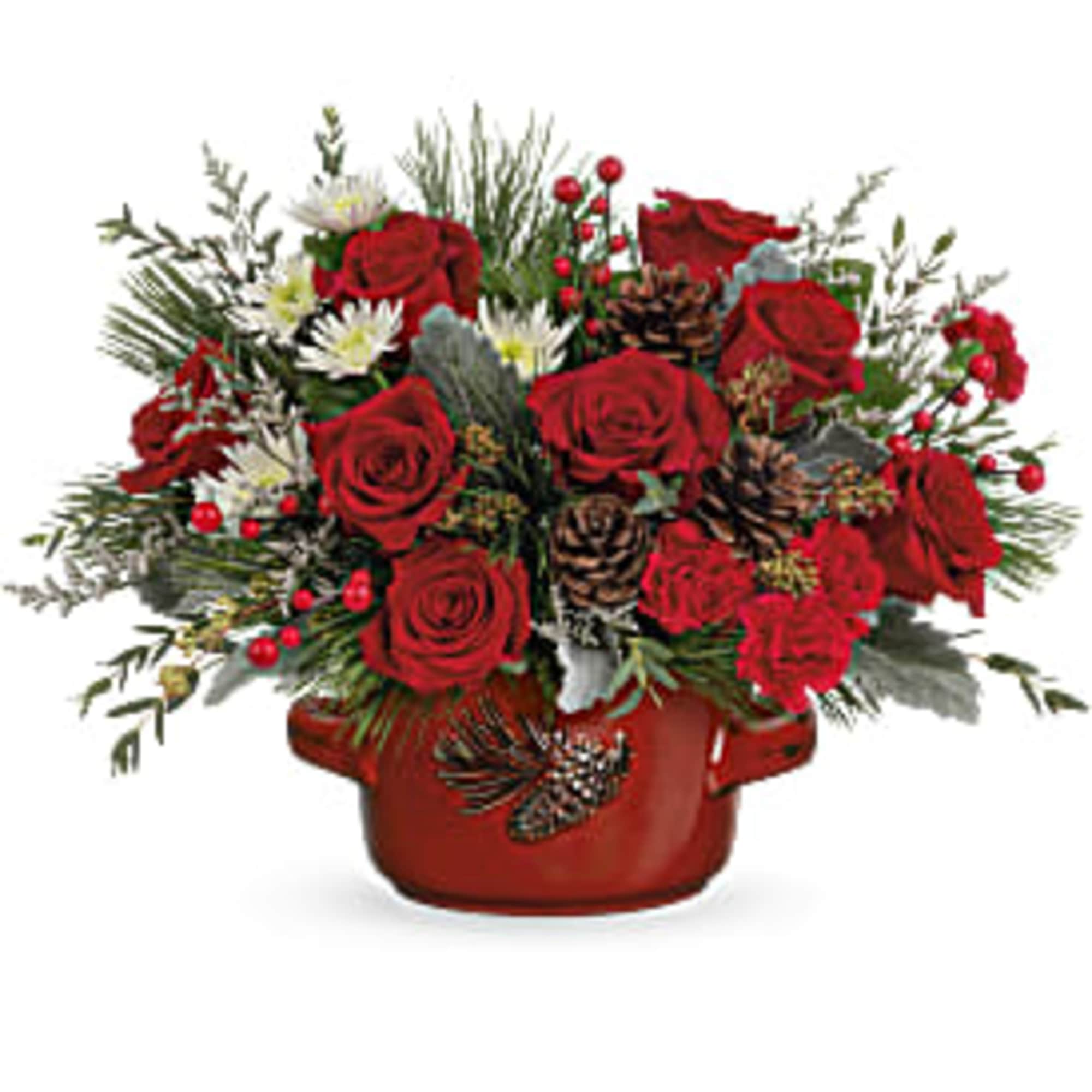 Serve up holiday cheer with a festive Christmas rose bouquet, bursting from