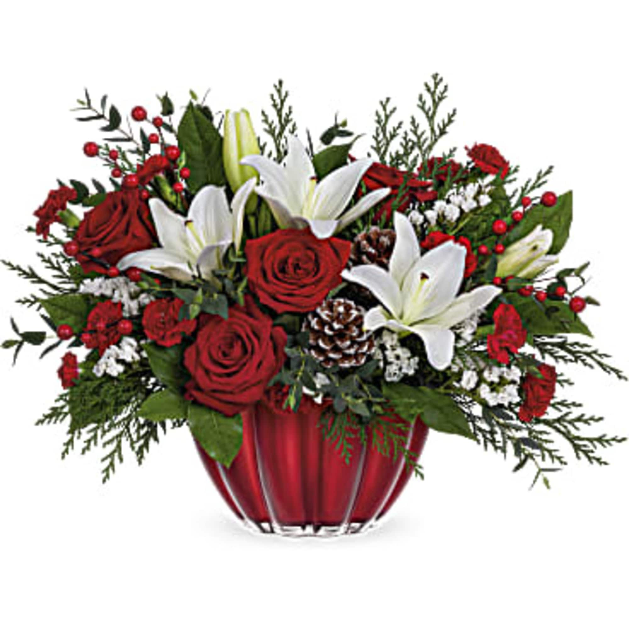 Dress up your holiday celebrations with this elegant Christmas rose bouquet. Filled