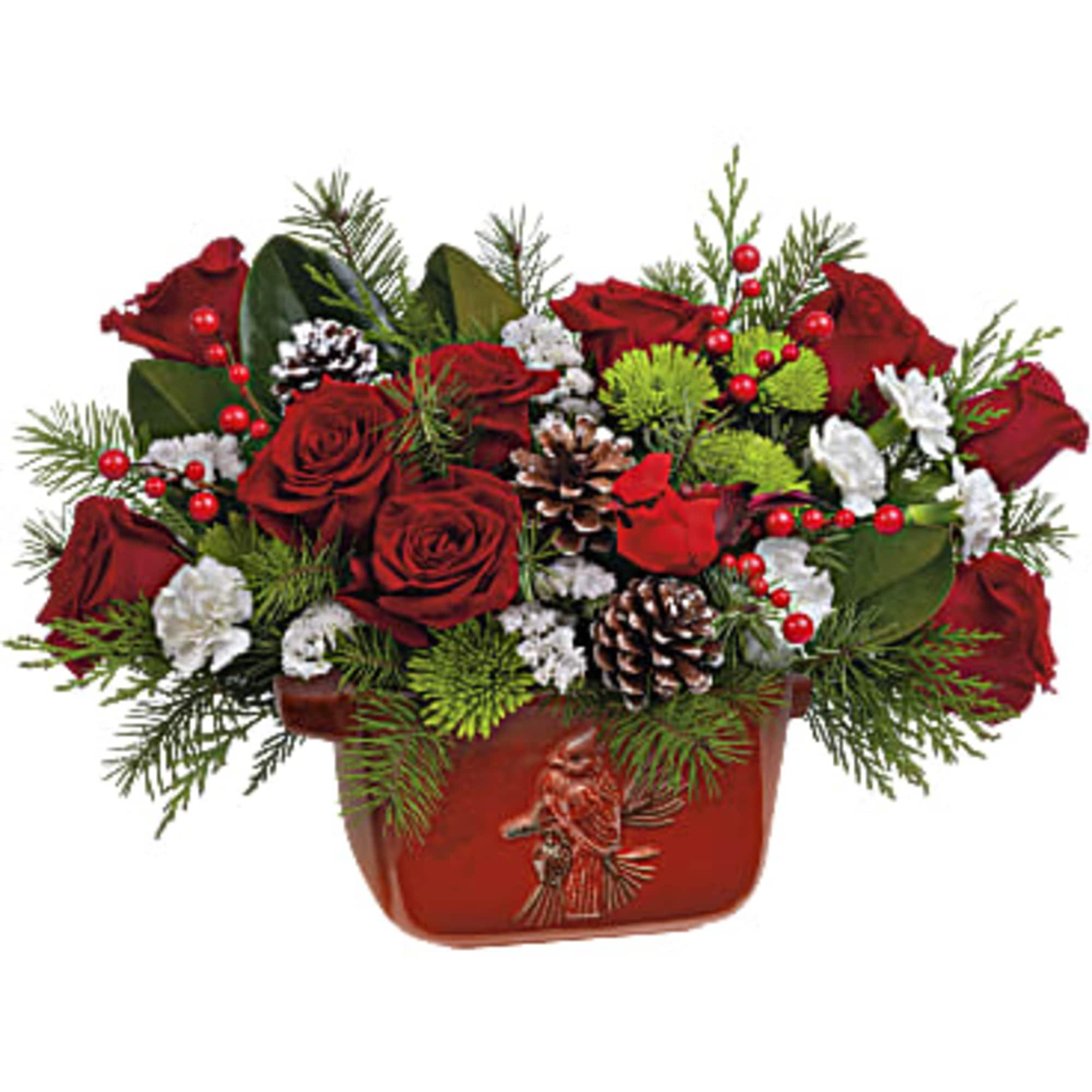 This holiday bouquet includes red roses, miniature white carnations, green cushion spray