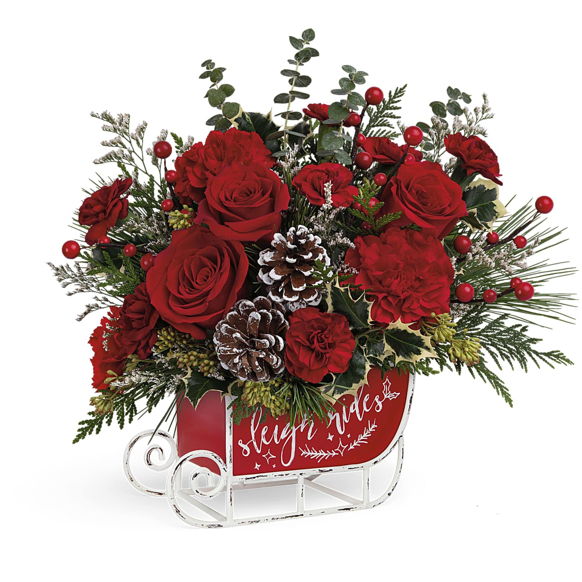 Dashing through the snow in a flower-filled open sleigh! Fun and festive