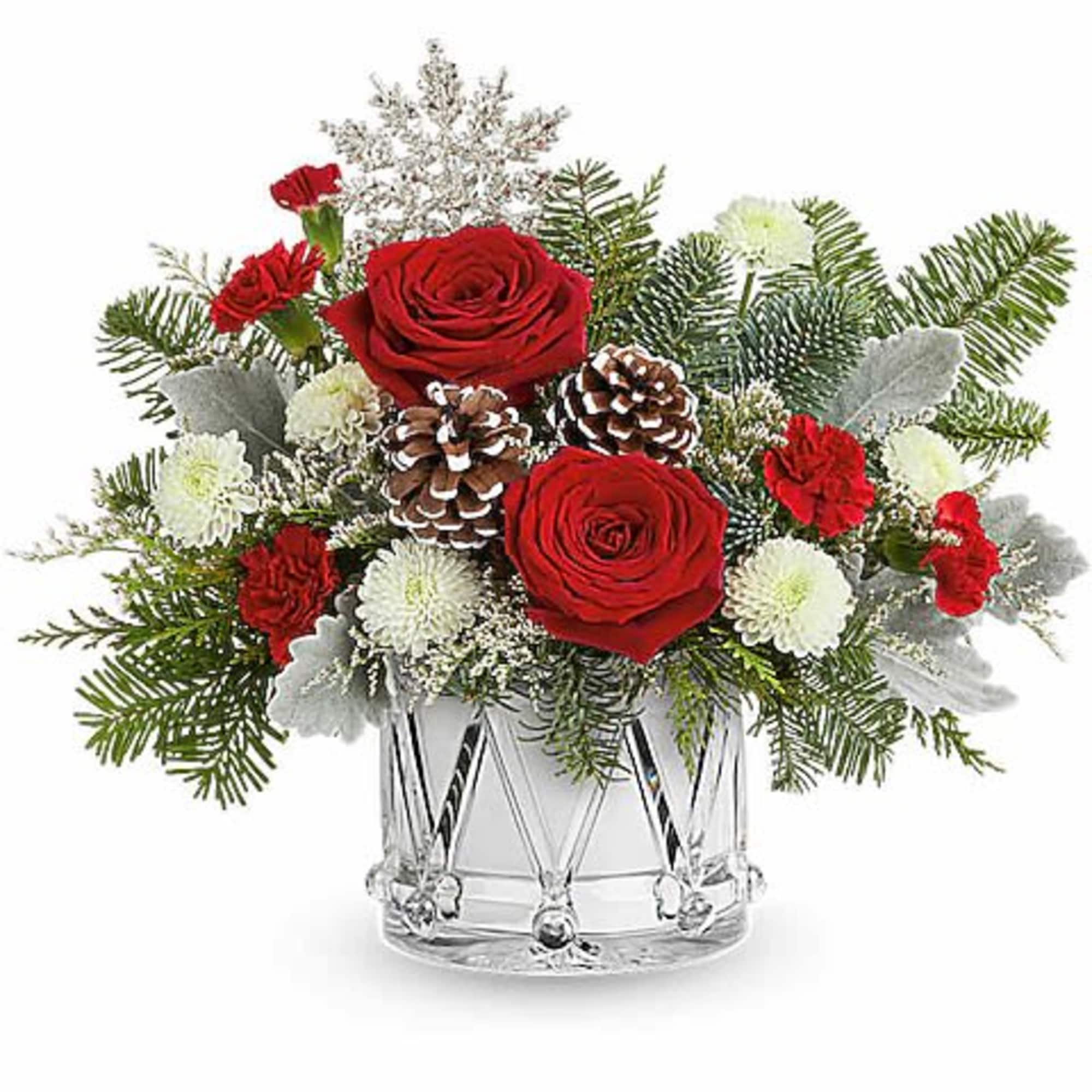 Little Drummer Joy Bouquet is filled with red roses, white blooms, and