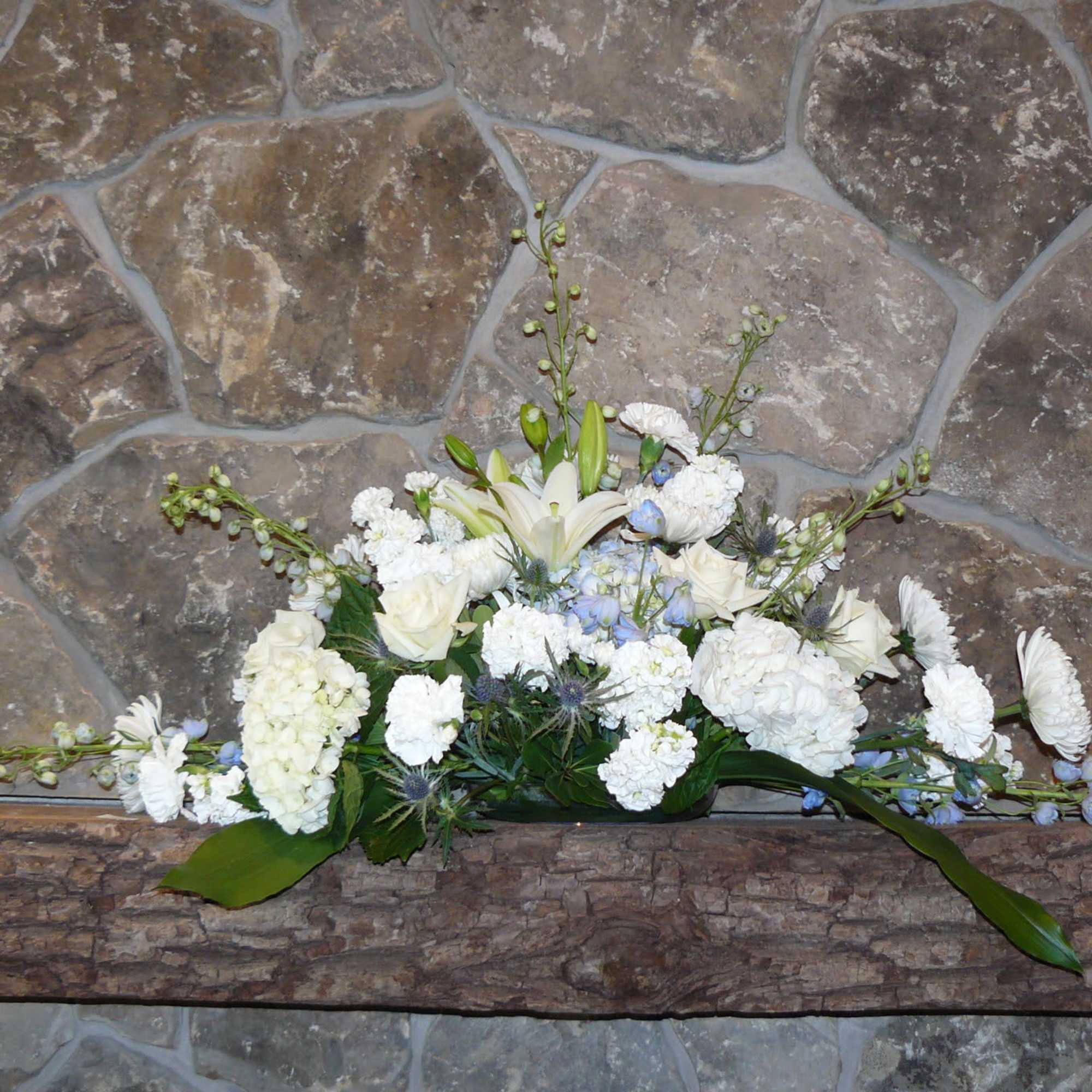 Long &amp; Low Floral Arrangement, Hydrangea, Roses, Assorted white Flowers,  Blue
