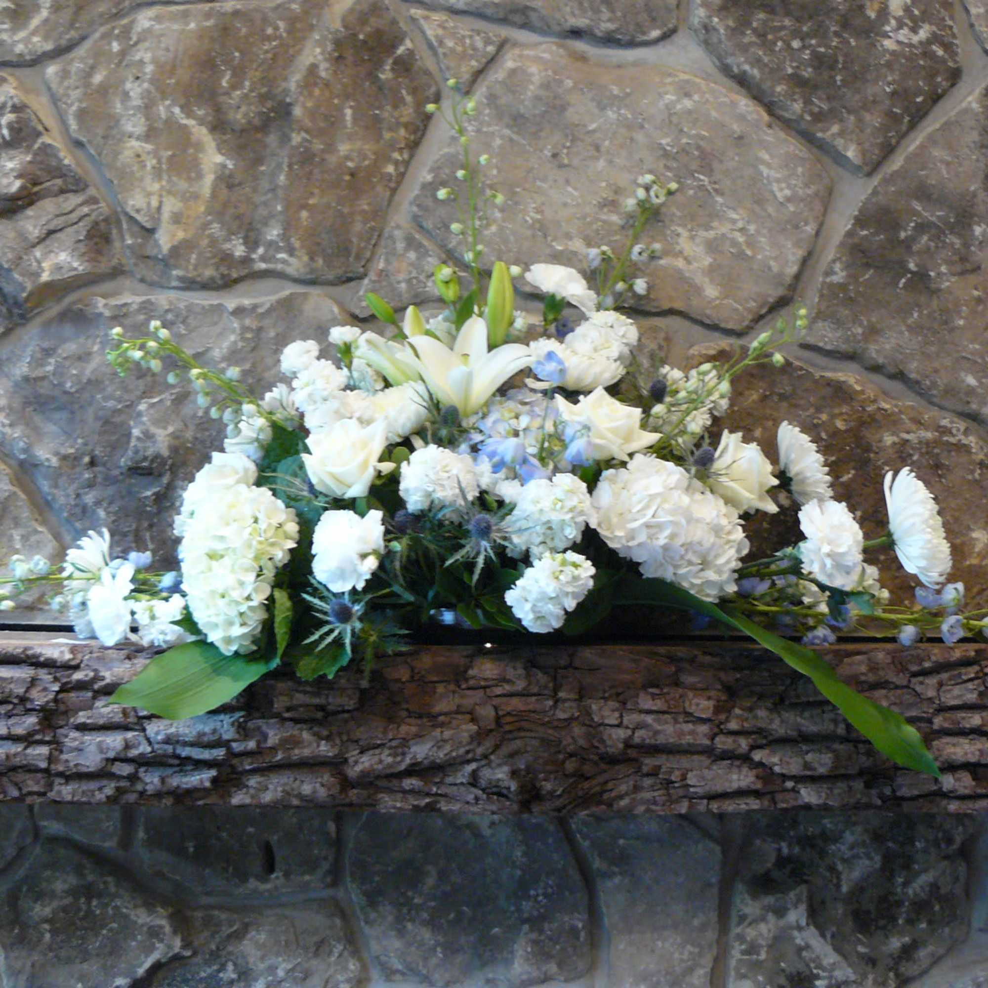 Long &amp; Low Floral Arrangement, Hydrangea, Roses, Assorted white Flowers,  Blue