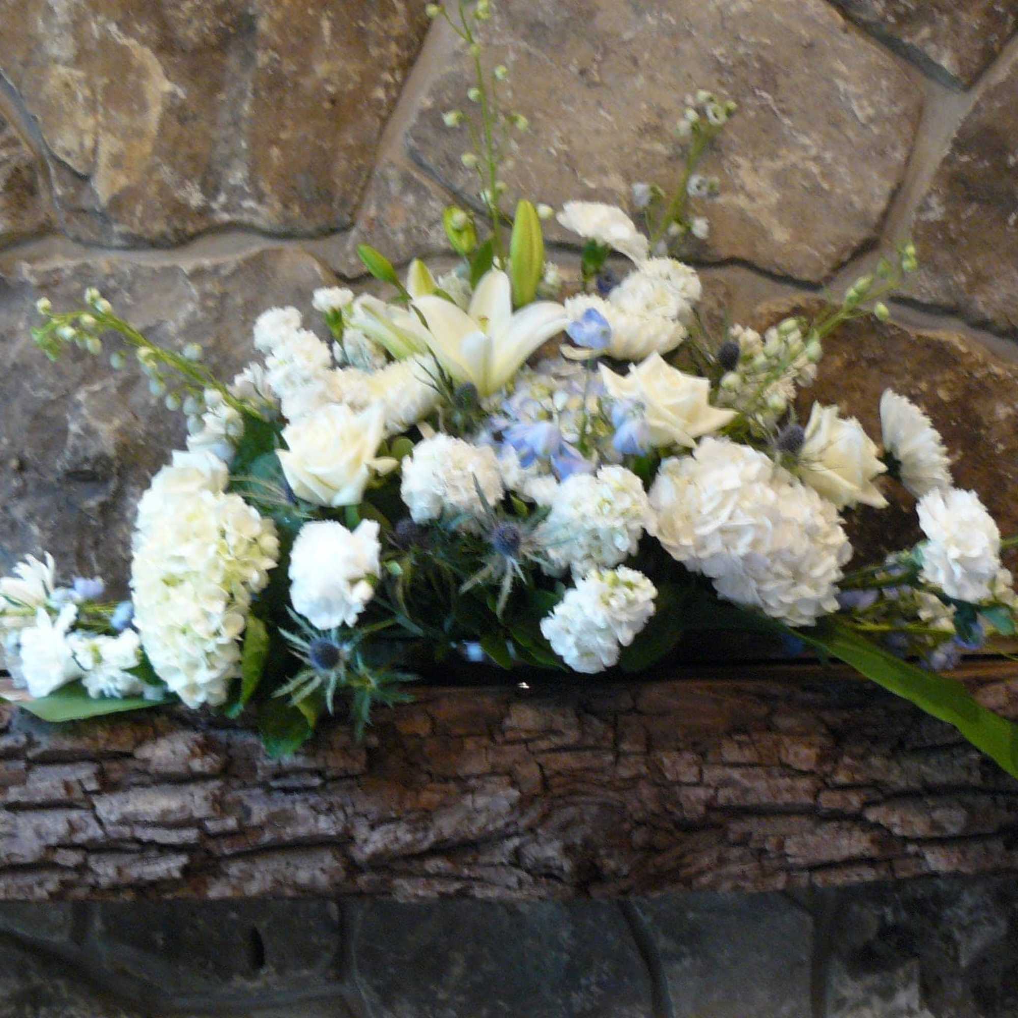 Long &amp; Low Floral Arrangement, Hydrangea, Roses, Assorted white Flowers,  Blue
