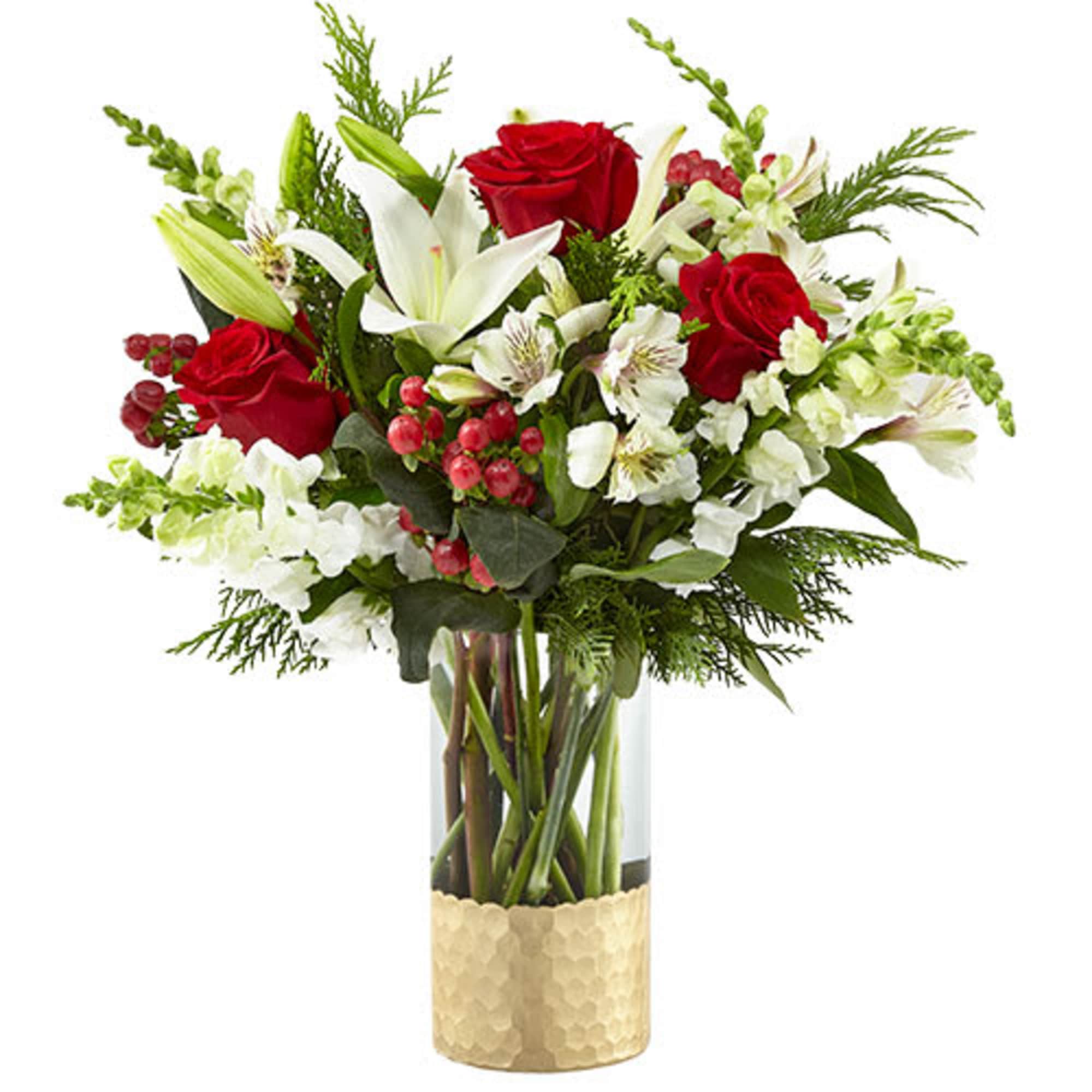 A modern take on a holiday classic, this fresh Christmas bouquet comes