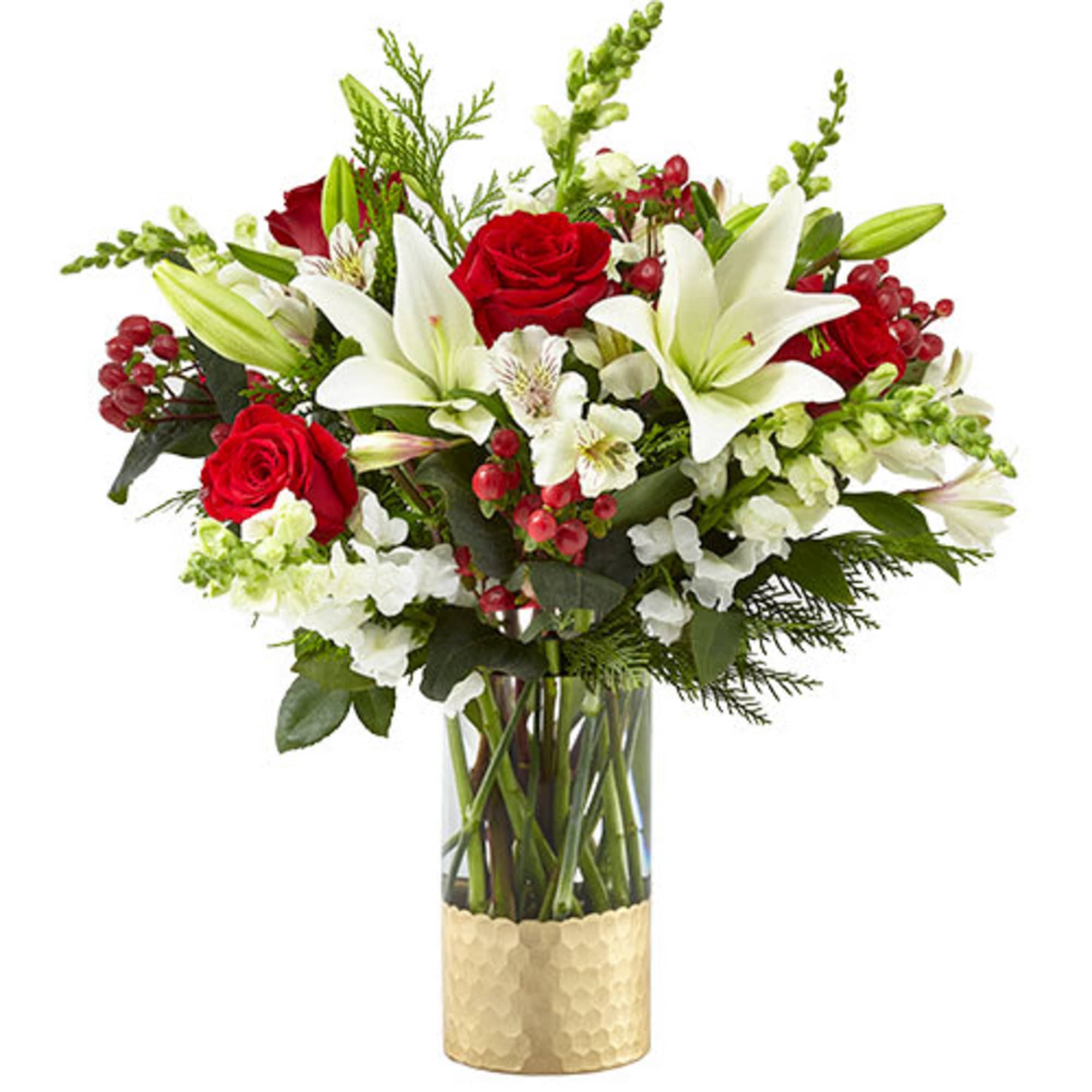 A modern take on a holiday classic, this fresh Christmas bouquet comes