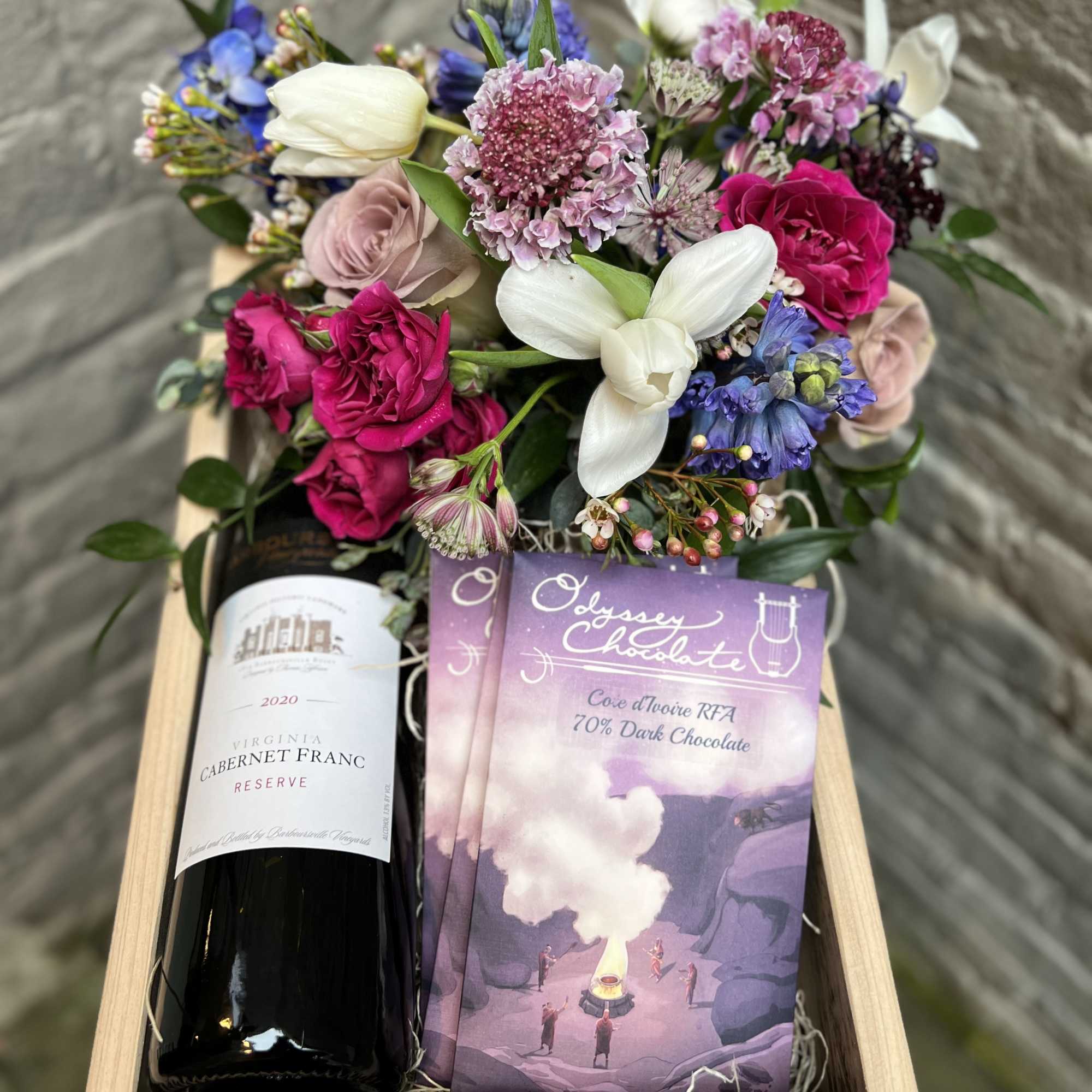 Wine, chocolate, and flowers; what could be better?  This locally hand-crafted