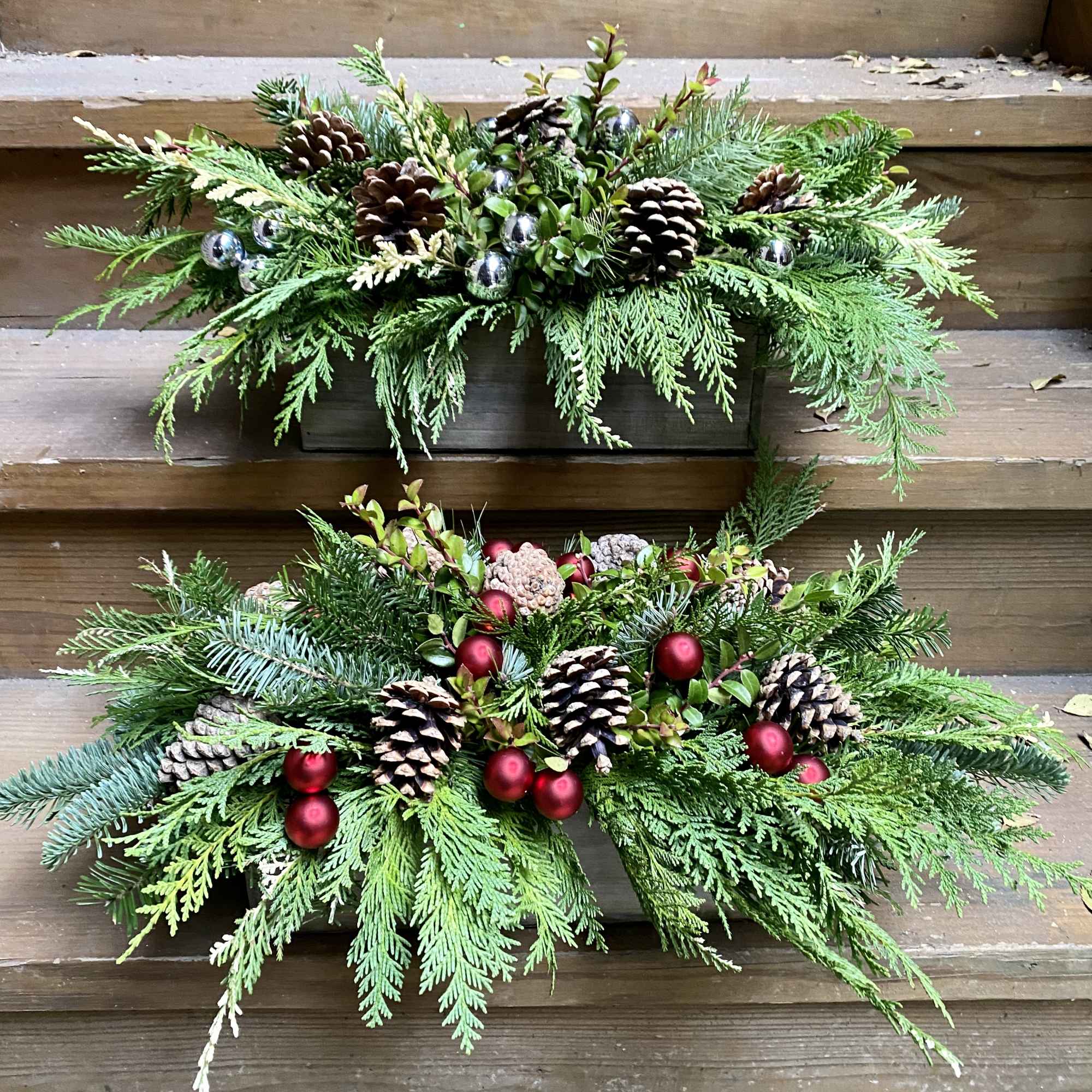 Variety of Evergreens, pinecones and holiday accents - NO FLOWERS 
