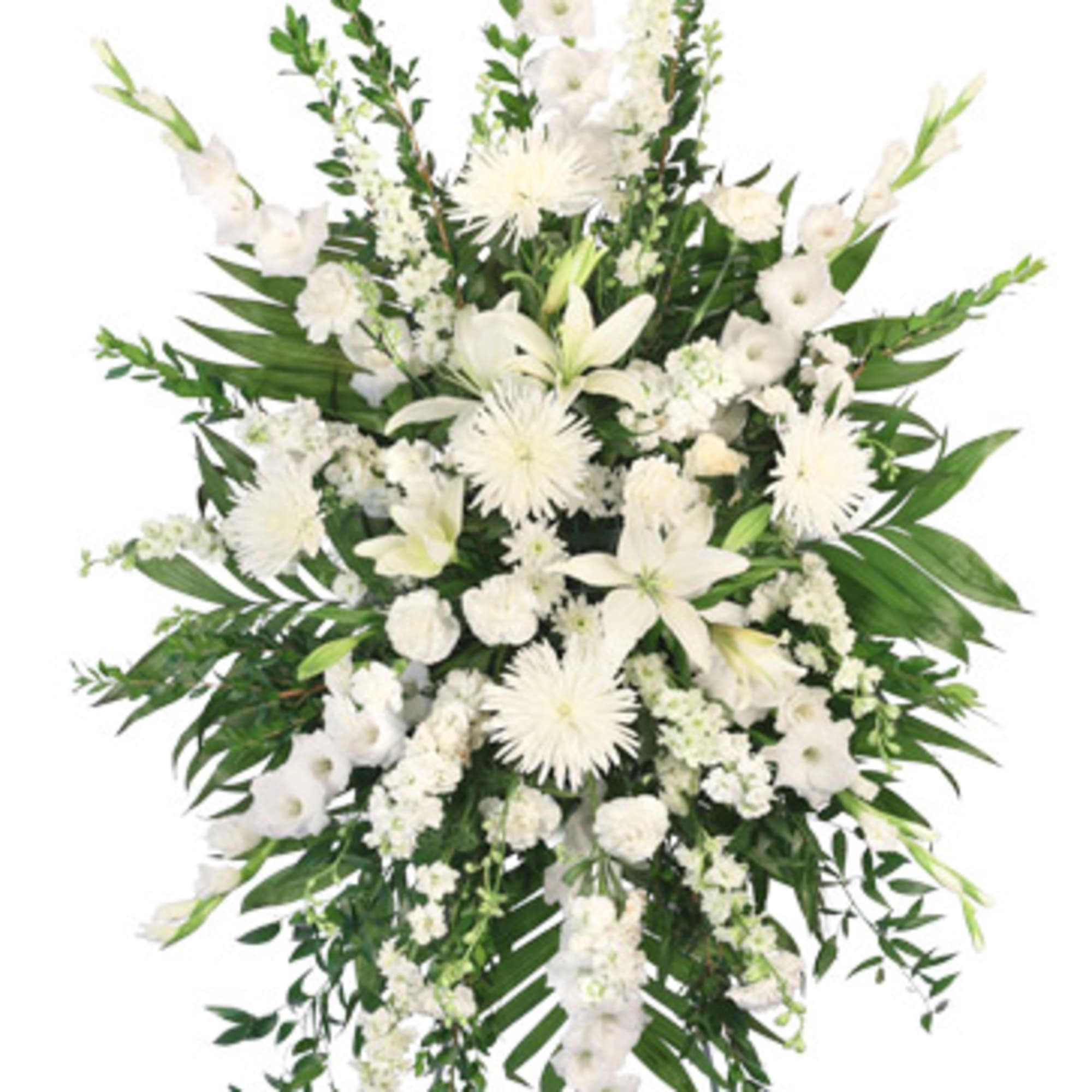 This elegant sympathy arrangement showcased on a 54&quot; easel, features a large