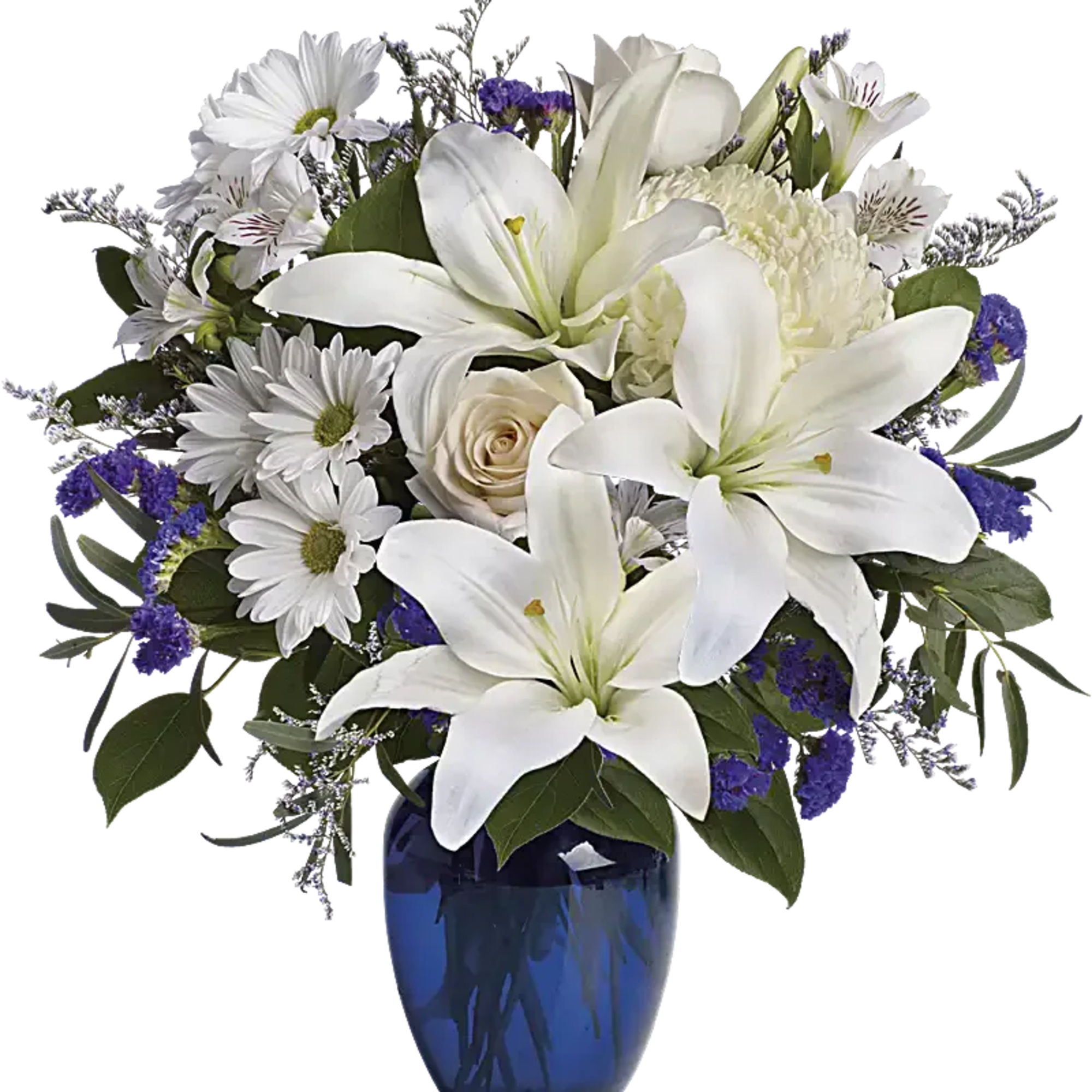 Elevate any moment with Heavenly Blue Serenity, a stunning floral arrangement featuring
