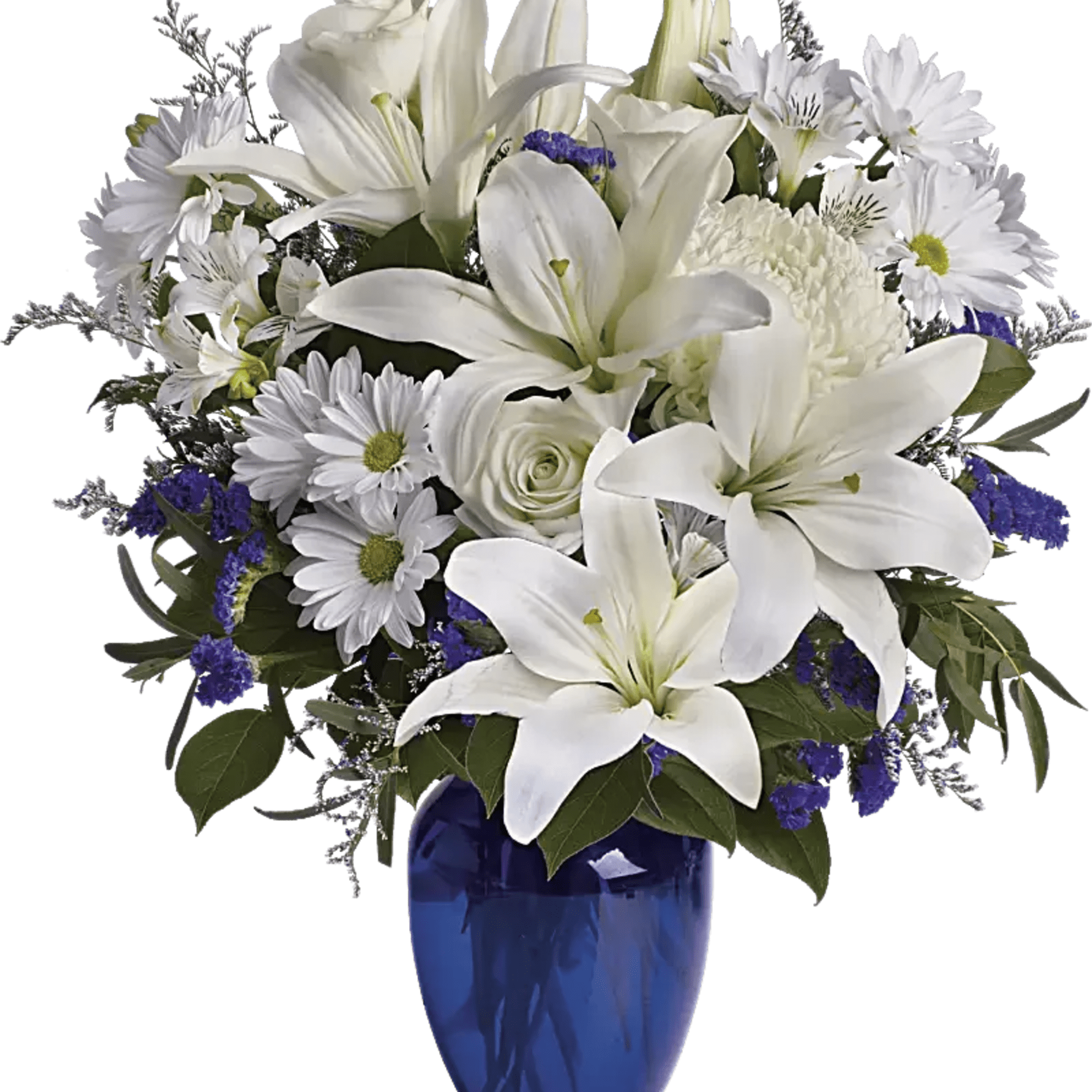 Elevate any moment with Heavenly Blue Serenity, a stunning floral arrangement featuring