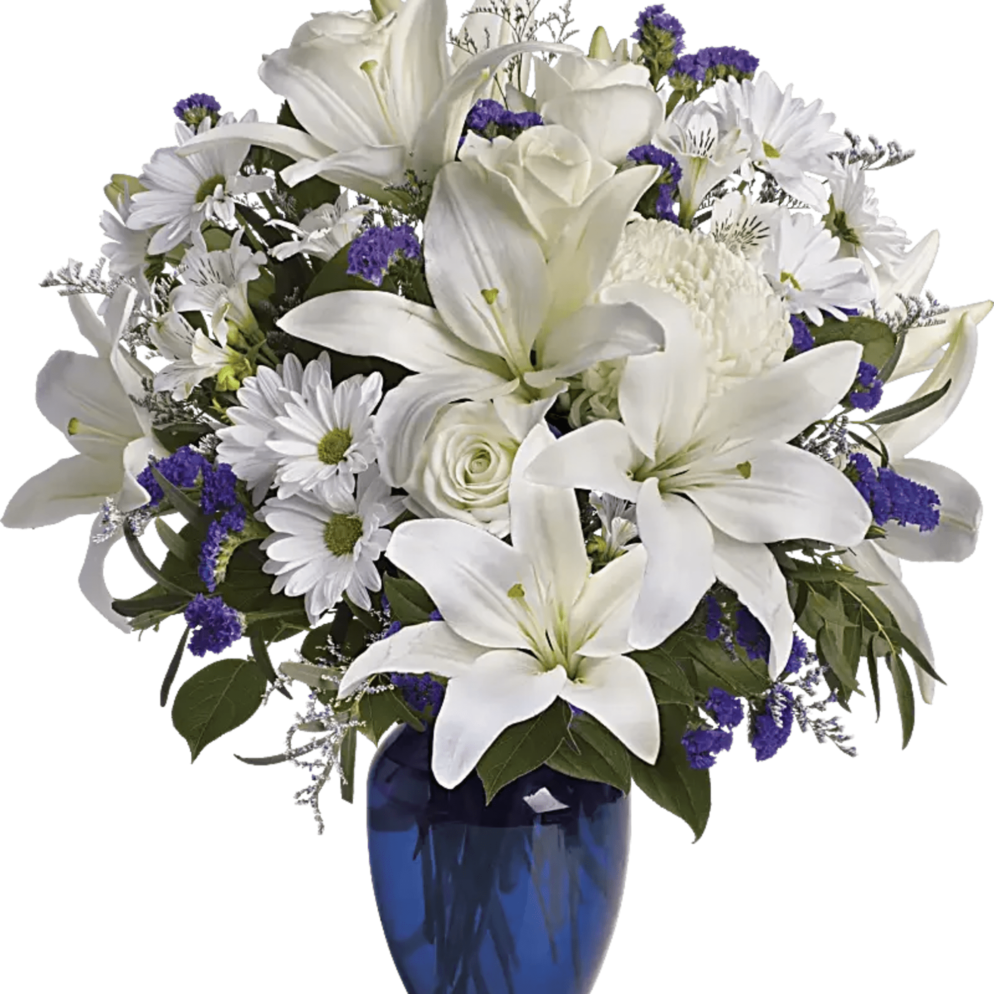 Elevate any moment with Heavenly Blue Serenity, a stunning floral arrangement featuring