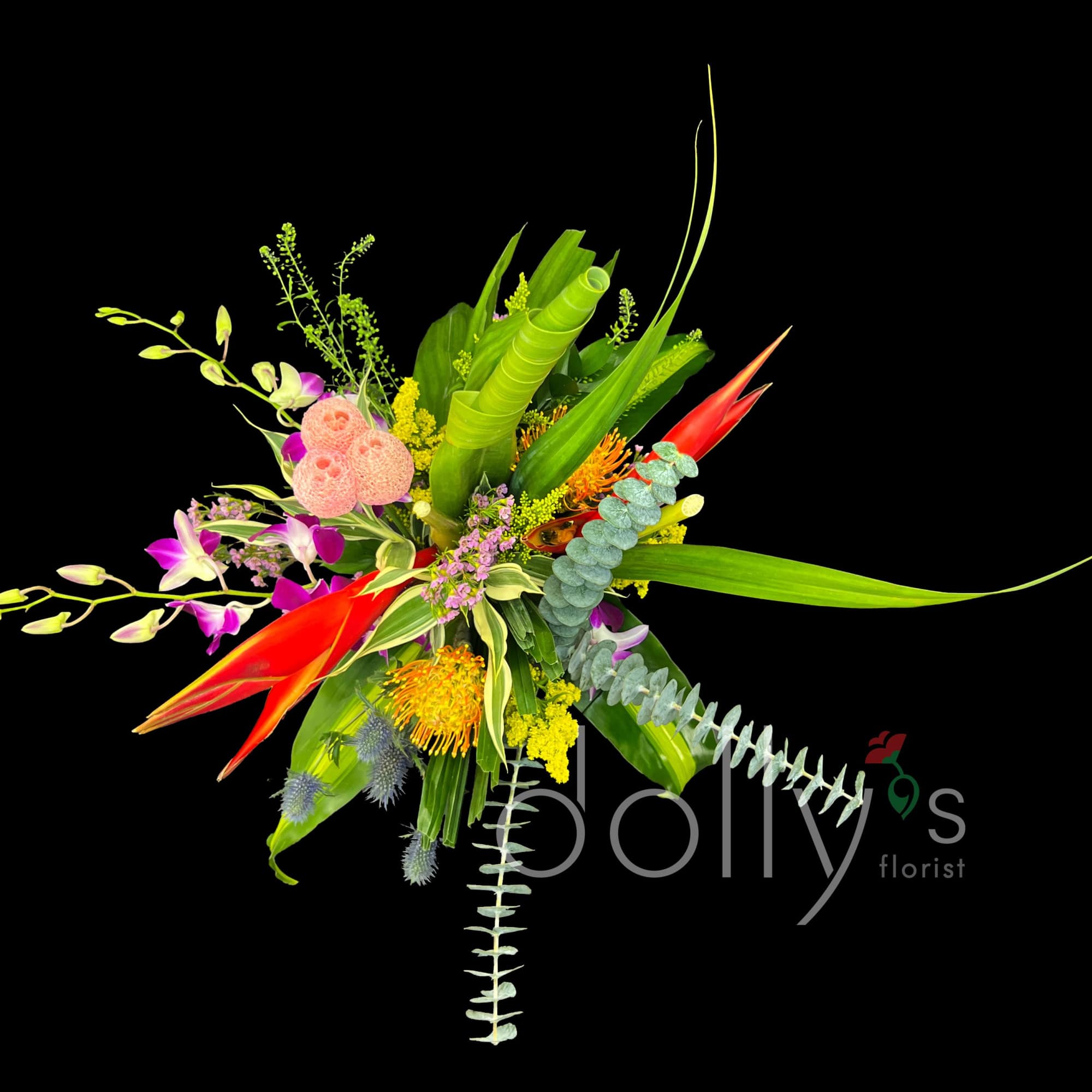 Celebrating love and humidity ;). Composed of tropical blooms within a glass