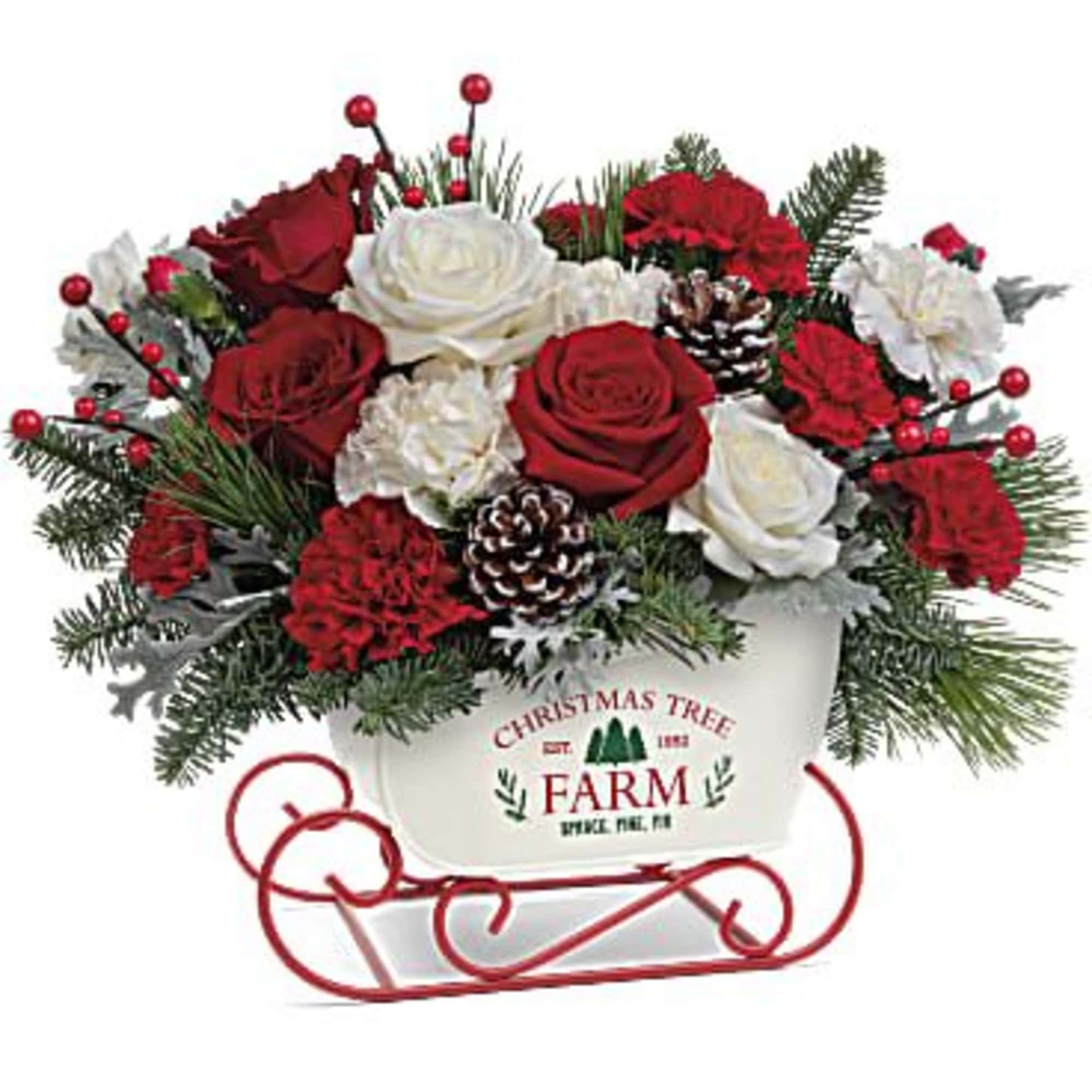 Bursting with vintage charm and a bouquet of jolly Christmas blooms, this