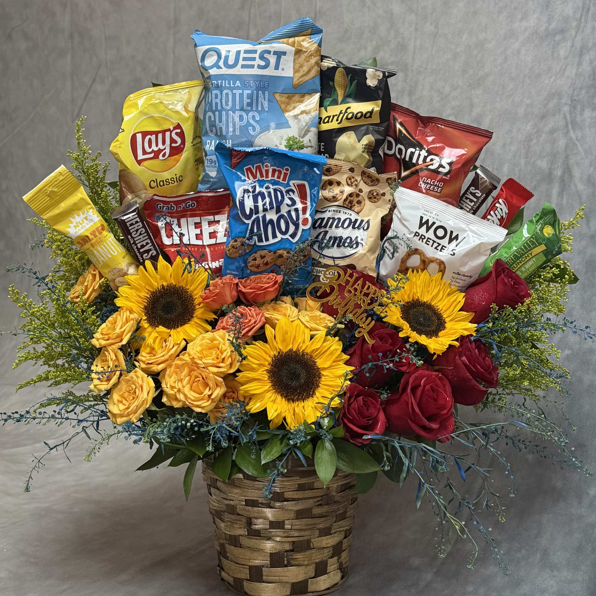 Flowers for the heart, snacks for the soul. This basket is a